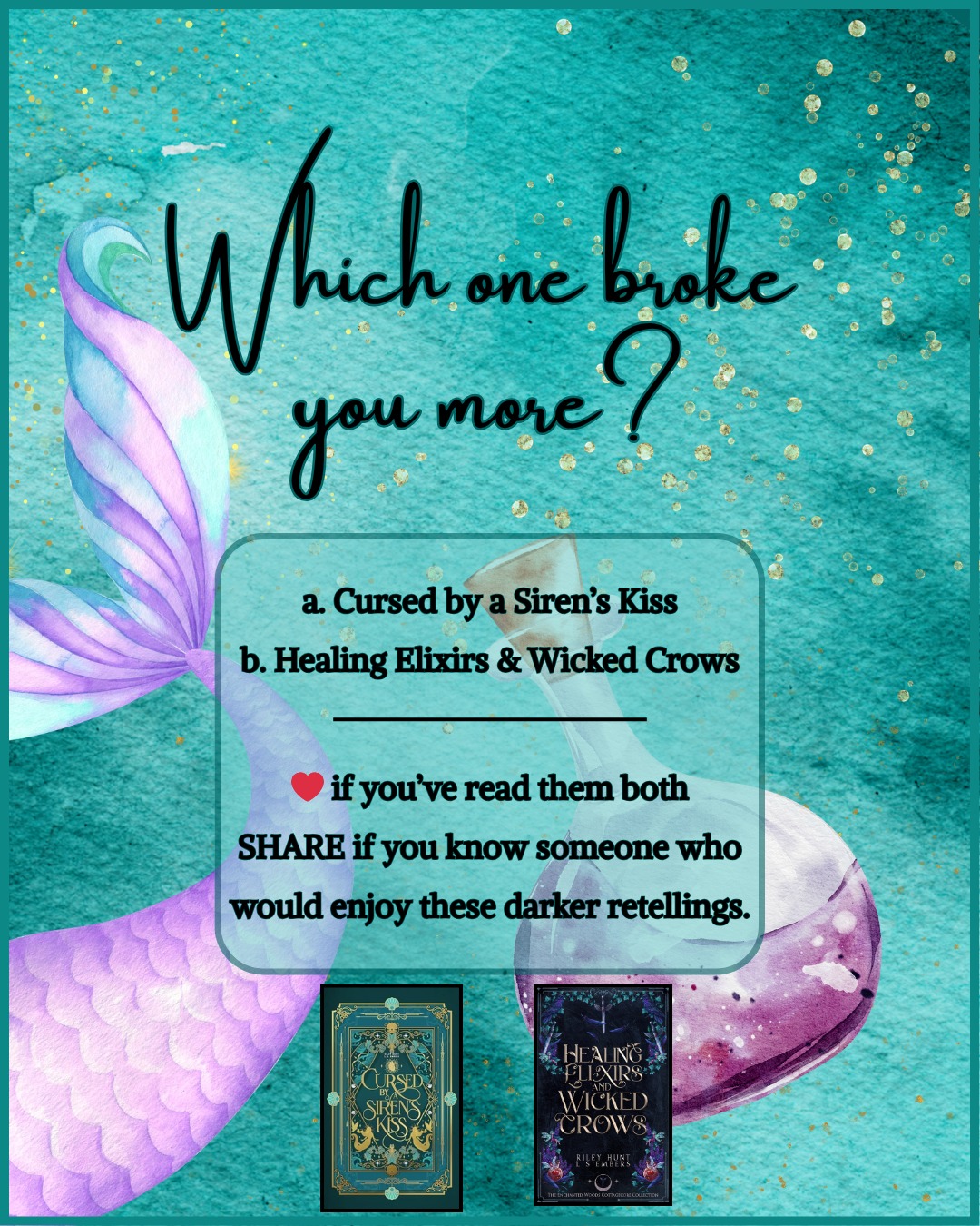 Riley Hunt and I have taken two beloved fairytales and turned them dark, twisted, and just a little bit wicked. If you love your romance with a bite—and your happily ever afters drenched in shadow—you won’t want to miss these.
Have you read either of our retellings yet?
#darkromantasy #spicyretelling #fairytaleretelling #romantasyreads