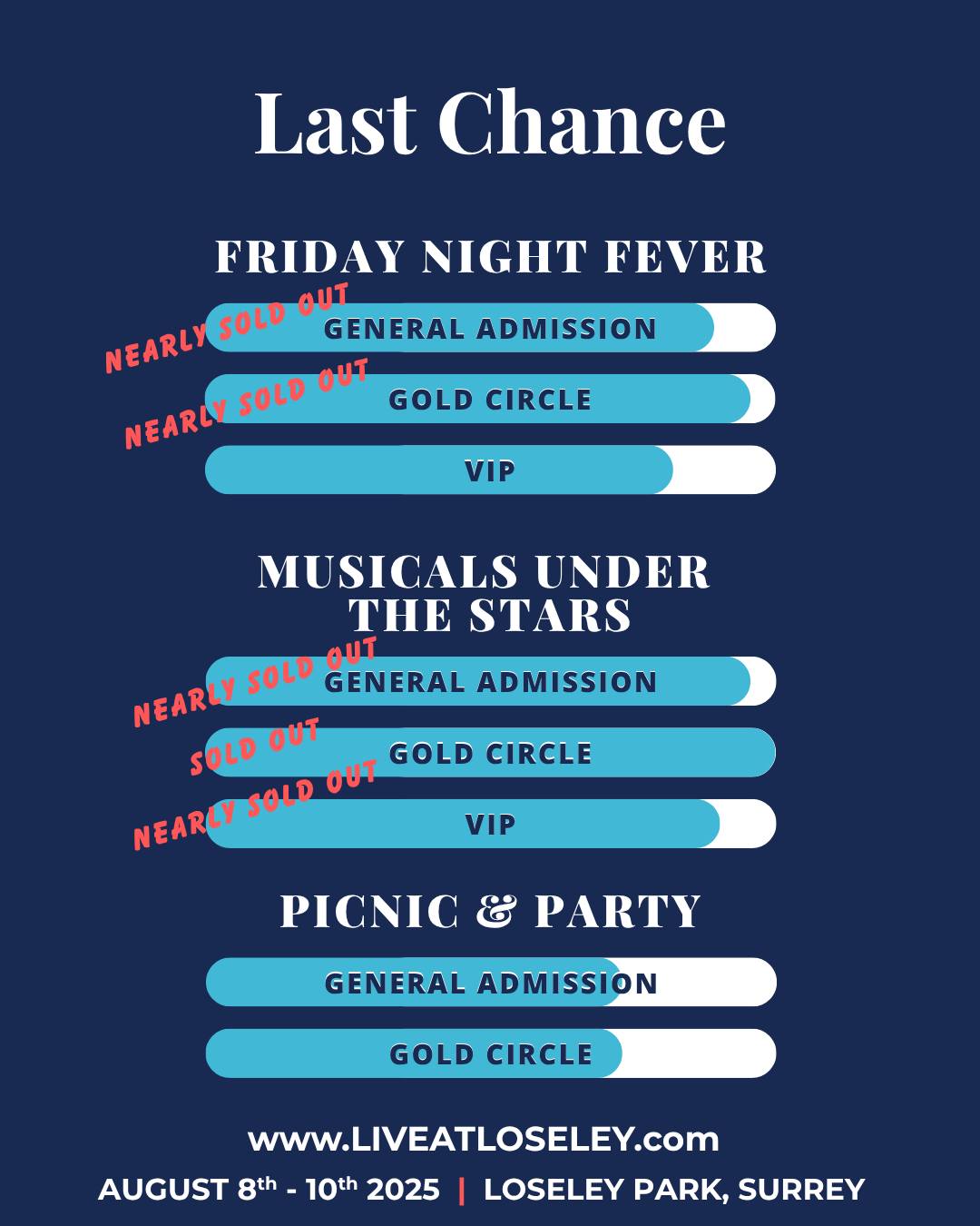 🎟️ FINAL CHANCE! This is your last call for an unforgettable weekend of music at Live at Loseley.
🪩 Friday: Disco inferno is lighting up Loseley – grab your sequins and dance the night away
🎭 Saturday: You’ll be defying gravity with West End stars under the stars
🤠 Sunday: It’s time to kick up the dust with country-pop and feel-good picnic vibes
📍 Loseley Park, Surrey | 8–10 August
🎟️ Tickets: liveatloseley.com
#LiveAtLoseley #FinalTickets #SurreyEvents #DiscoNight #MusicalsUnderTheStars #CountryPicnic #OutdoorFestival #ThingsToDoSurrey