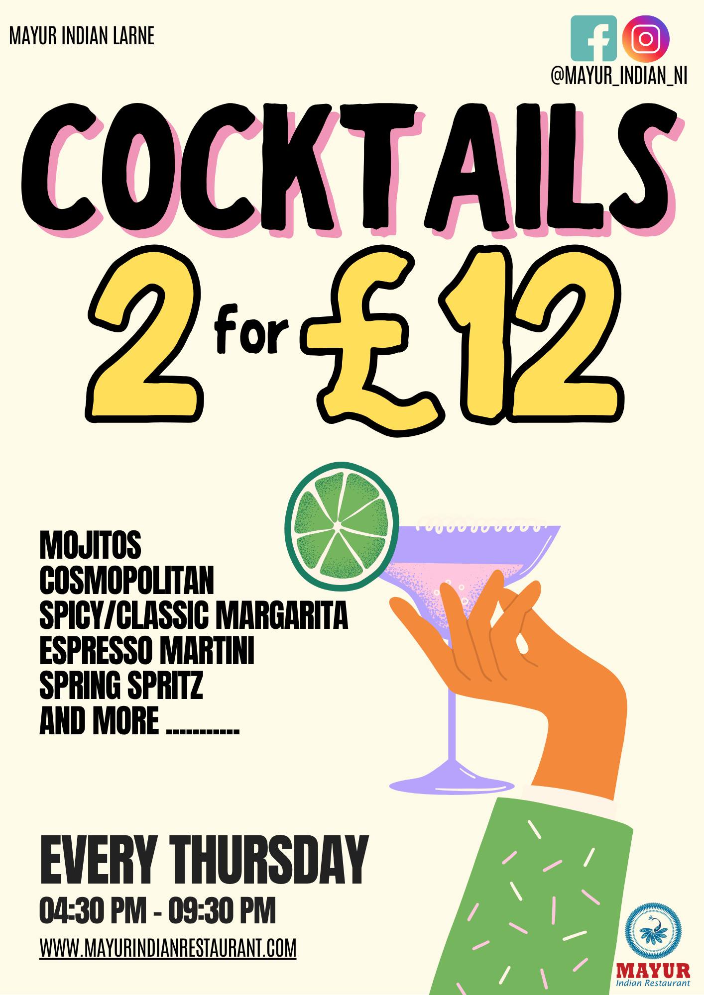 🍹🍸🥃
Our fabulous "2 for £12 Cocktail" offer is here in Larne Branch.
"EVERY THURSDAY" and we have varieties of Call and Mayur's Specialties cocktails.
AVAILABLE IN LARNE BRANCH ONLY
🍹🍸🥃