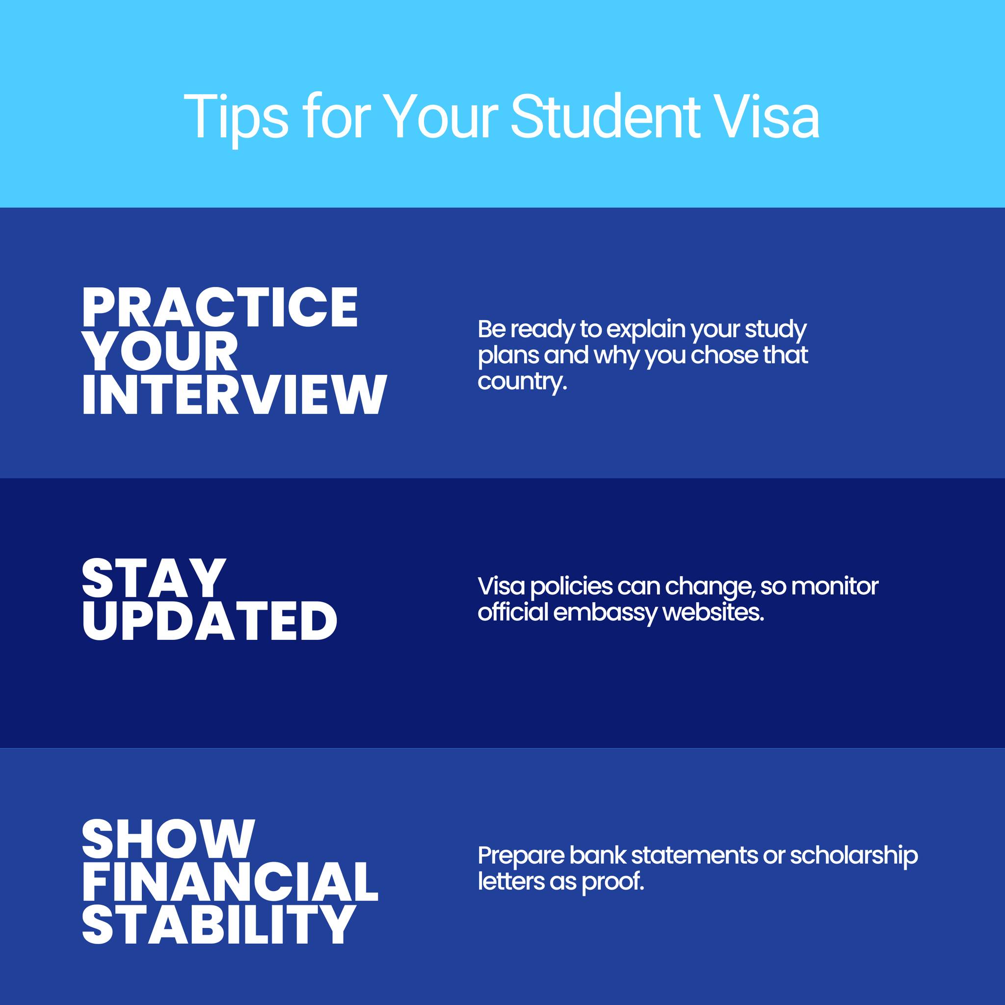📌 Getting your student visa doesn’t have to be stressful!
From practicing your interview to showing financial stability, these tips will help you feel prepared and confident. 🌍✈️
✨ With Univway by your side, you’ll have the guidance you need every step of the way.
#Univway #StudyAbroad #StudentVisaTips #InternationalStudents #GlobalEducation