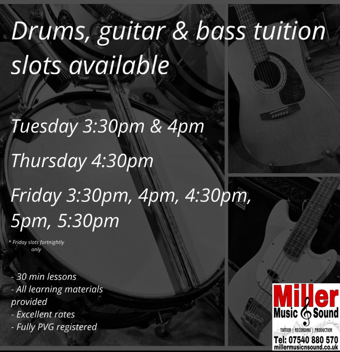 ** BACK 2 SCHOOL HALF PRICE OFFER **
As the new term quickly approaches we’re offering a massive 50% off block bookings for the following available spaces for drums, guitar and bass lessons. Send us a message today make your booking before they’re all gone!
www.millermusicnsound.co.uk
#musicstudio #musiclessons #guitarlessons #musicianslife #learning #millermusic #musiceducation #musictuition #basslessons #musicians #drumlessons #paisley #renfrewshire #rockschool #pianolessons