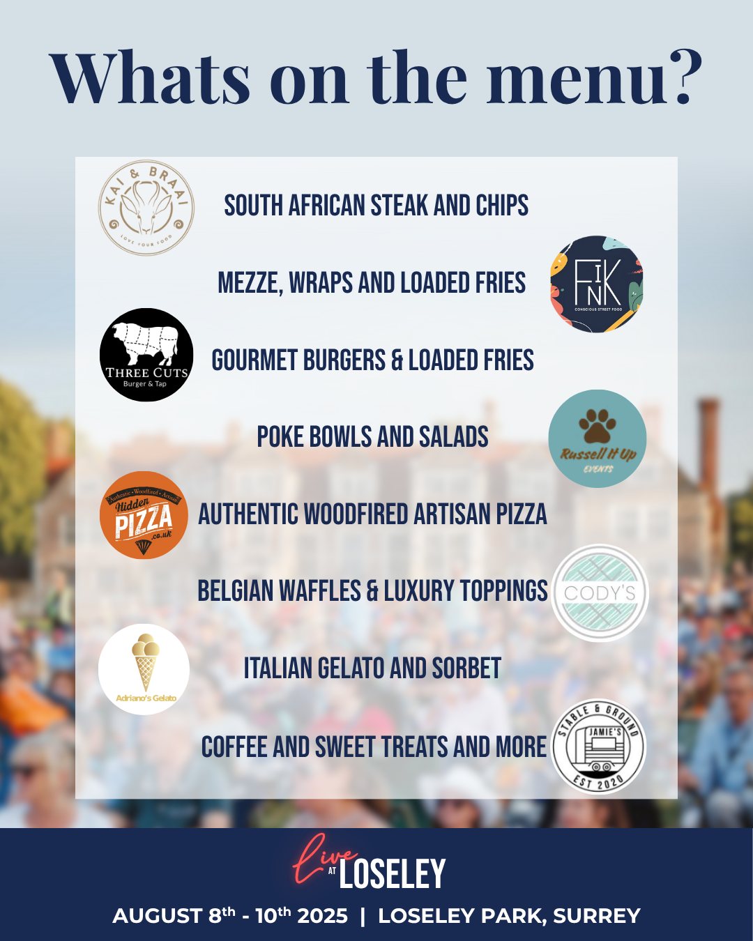 🍴✨ What’s on the menu at Live at Loseley? We have our own food village!
From gourmet bites to sweet treats, we’ve handpicked a delicious line-up of food vendors to keep you fuelled all weekend long! Whether you’re in the mood for something indulgent, refreshing, or a little adventurous – we’ve got you covered.
🎟️ Join us 8th – 10th August at Loseley Park – final tickets at liveatloseley.com
#LiveAtLoseley #FestivalFood #SurreyEvents #StreetFoodFestival #OutdoorConcert #SummerInSurrey #Foodies #ThingsToDoSurrey #LoseleyPark #SurreyEats #FoodTruckFestival