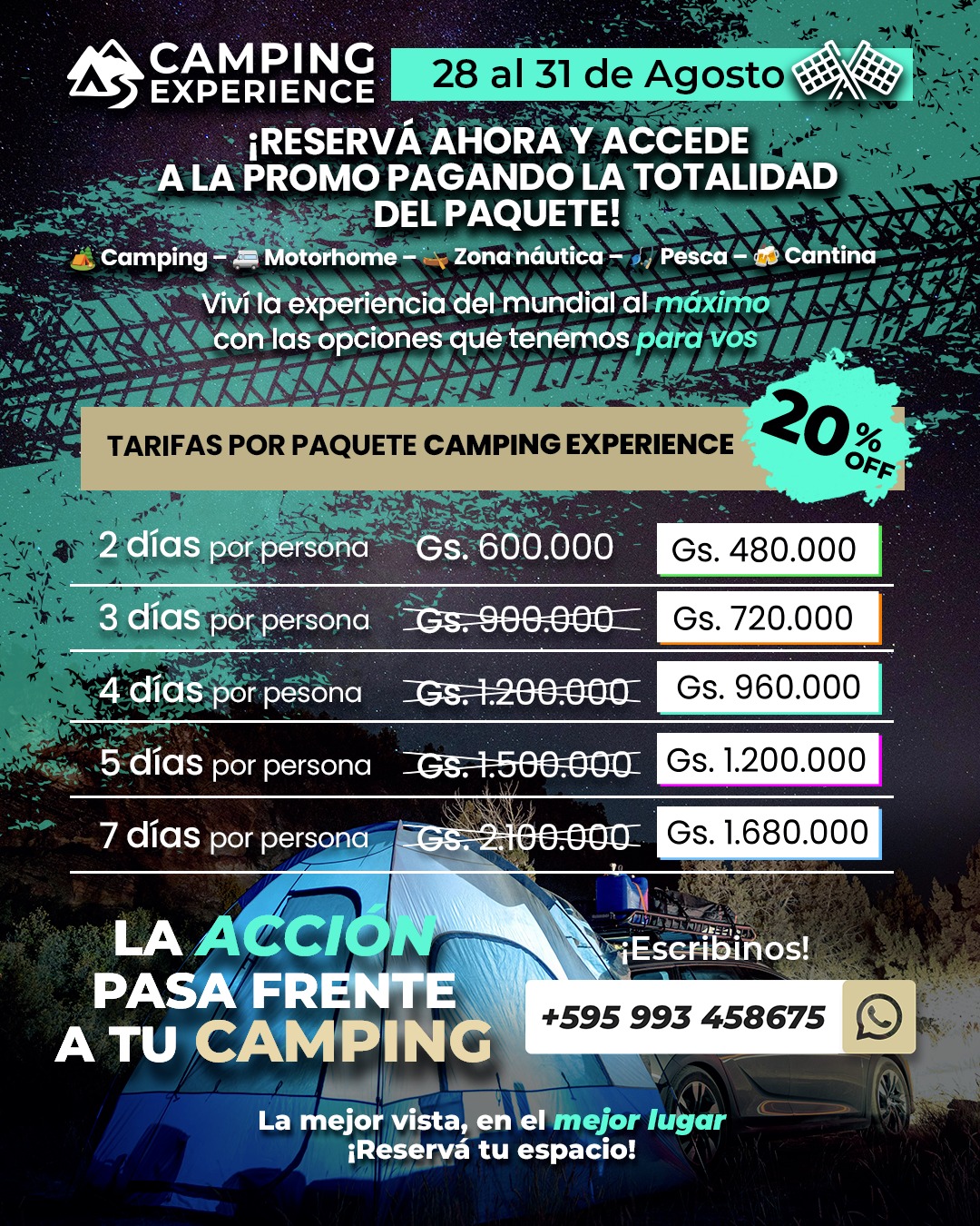 🚗 ¡Viví el Rally como nunca antes!
🏕️ Camping Experience en Carmen del Paraná, Alborada y Trinidad
📍Te ofrecemos espacios estratégicos en las mejores zonas del Mundial, para que disfrutes el Rally desde adentro, rodeado de naturaleza y con todas las comodidades.
🔌 ¿Qué incluye tu experiencia?
✅ Zona de camping con electricidad
✅ Baños cómodos y accesibles
✅ Agua potable
✅ Seguridad las 24 hs
✅ Espacios amplios con sombra natural
✅ Tranquilidad, confort… ¡y el espectáculo del Rally a metros de tu carpa!
🔥 Reservá tu lugar y asegurá una experiencia única
📲 Consultas y reservas al +595 993 458 675