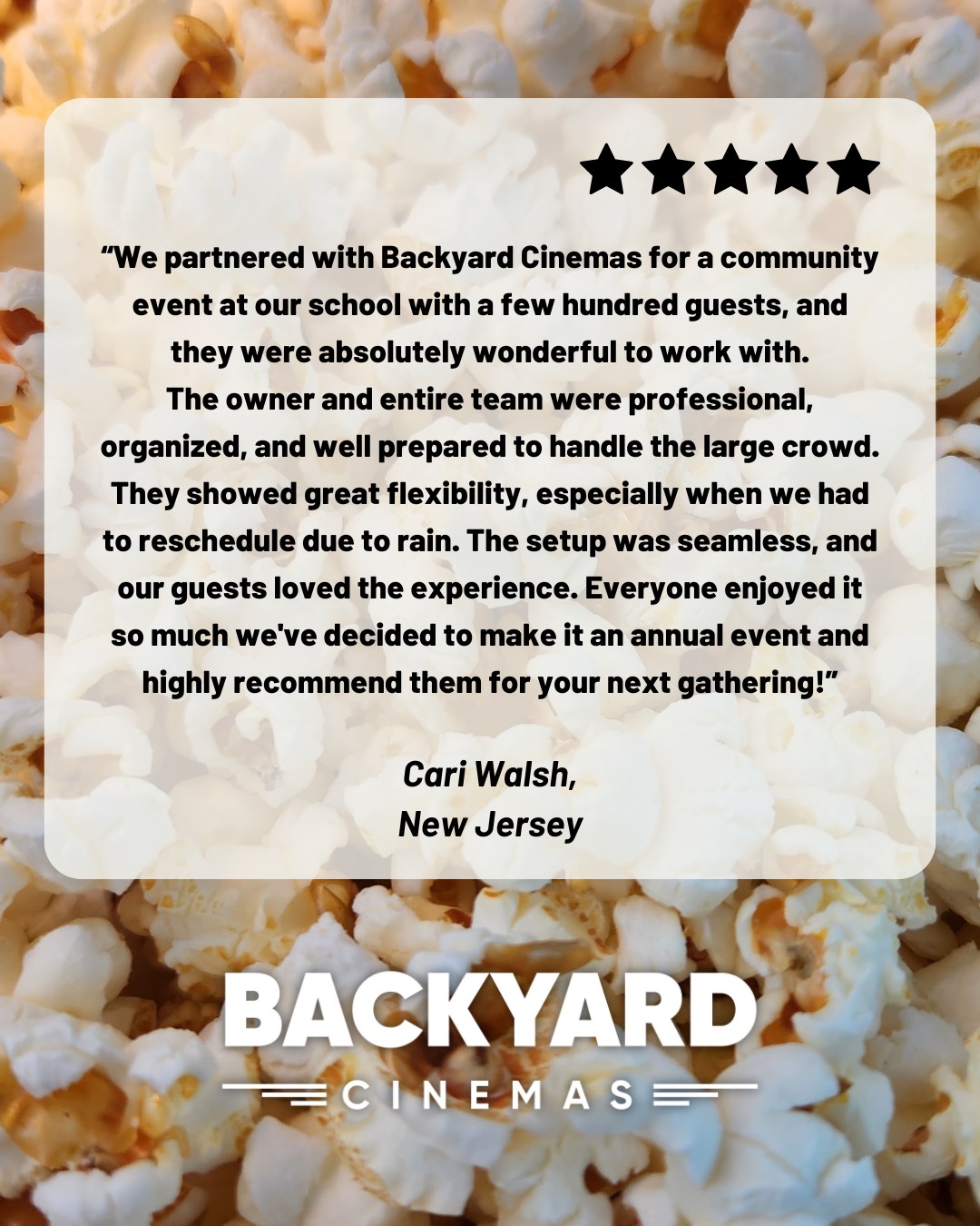 Rain or shine, we bring the vibes 🎬✨ “We partnered with Backyard Cinemas for a community event at our school with a few hundred guests... and everyone loved it so much we’ve decided to make it an annual tradition!”
Shout out to our amazing clients who trust us to create unforgettable nights, even when the weather throws a curveball. Planning something big? Let’s make it happen.
DM us or head to backyardcinemas.co to book!
#BackyardCinemas #EventTestimonial #OutdoorMovieNight #CommunityEvents #ClientLove #BookYourEvent
