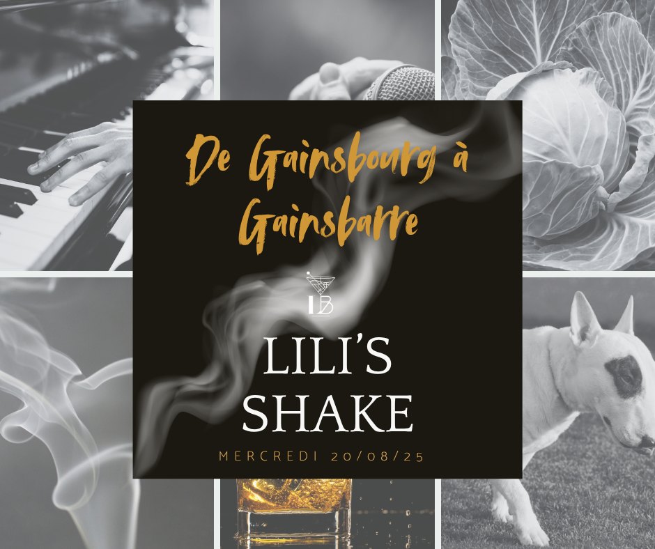 🥃 PROCHAIN LILI’S SHAKE — SOIRÉE GAINSBOURG 🥃🎤
📆 Mercredi 20 août, à partir de 19h
📍 Lili’s Bar – Là où la poésie rime avec ivresse (et vice versa)
Le 20 août, Lili’s Shake célèbre Serge Gainsbourg : ses chansons légendaires, son style inimitable et ses cocktails emblématiques.
Au menu :
🍸 Cocktails Gainsbourgisés, dont le “Je t’aime moi non plus” – un mélange
🎶 Live par l’incontournable GETCH, qui interprétera La Javanaise, Bonnie & Clyde, et d’autres tubes avec passion.
Que tu sois “Lemon Incest” ou “Couleur Café”, viens noyer tes soucis dans un verre, un slow, et des refrains provoc’.
Dress code : noir, décalé, un peu trop.
Réservation fortement recommandée.
Lili’s Bar — comme chez Gainsbourg… mais sans la Gitane.