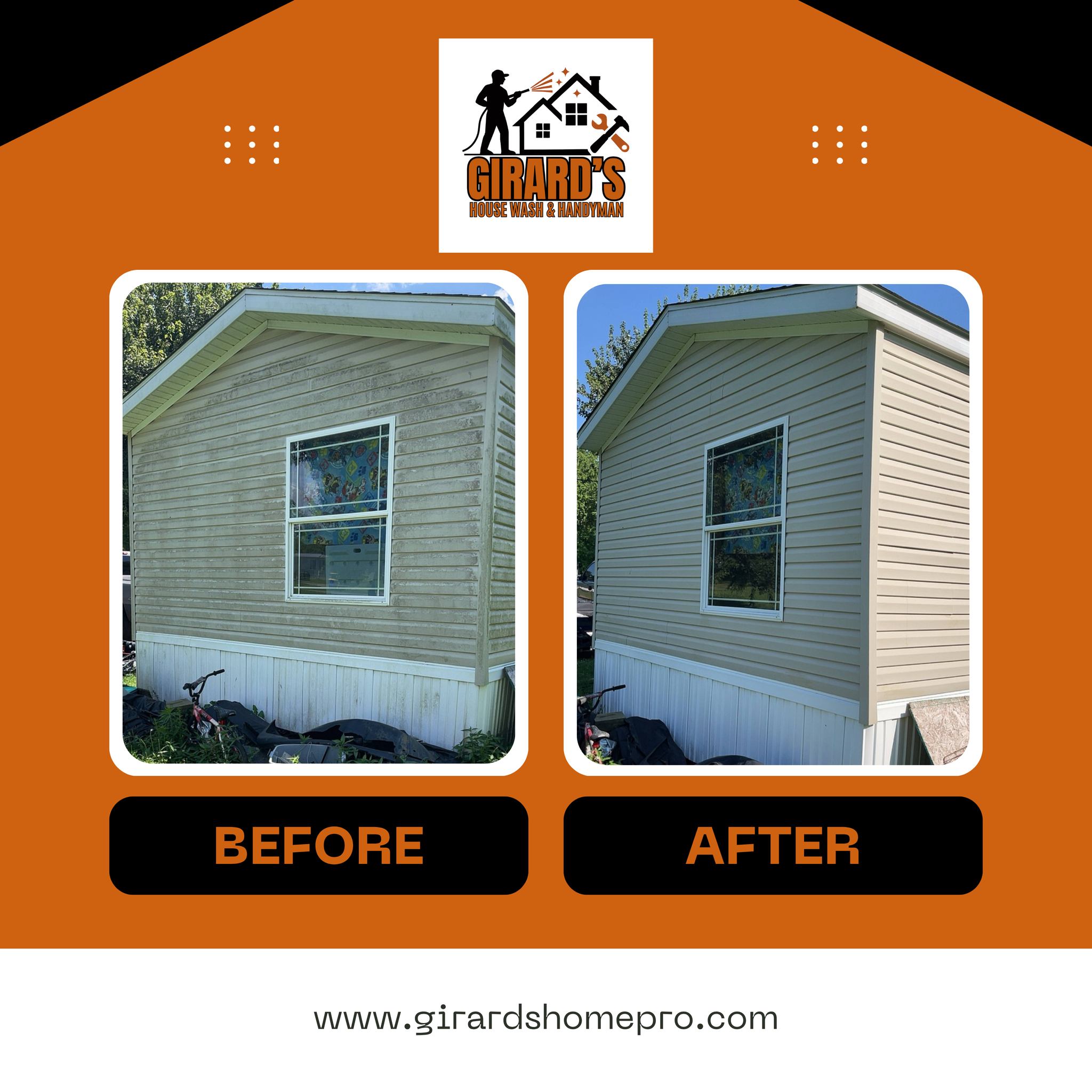 🏡✨ What a difference a wash makes!
This mobile home trailer went from dull and dingy to bright and beautiful with a professional pressure wash from Girard’s House Wash & Handyman!
Keeping your home exterior clean not only boosts curb appeal but also helps protect it from long-term wear.
📍 Locally owned, fully insured
📞 Call us today for an estimate—let’s get your home looking fresh for the season!
#BeforeAndAfter #MobileHomeMakeover #PressureWashing #GirardsHouseWash #CleanHomeHappyHome #LocalBusiness