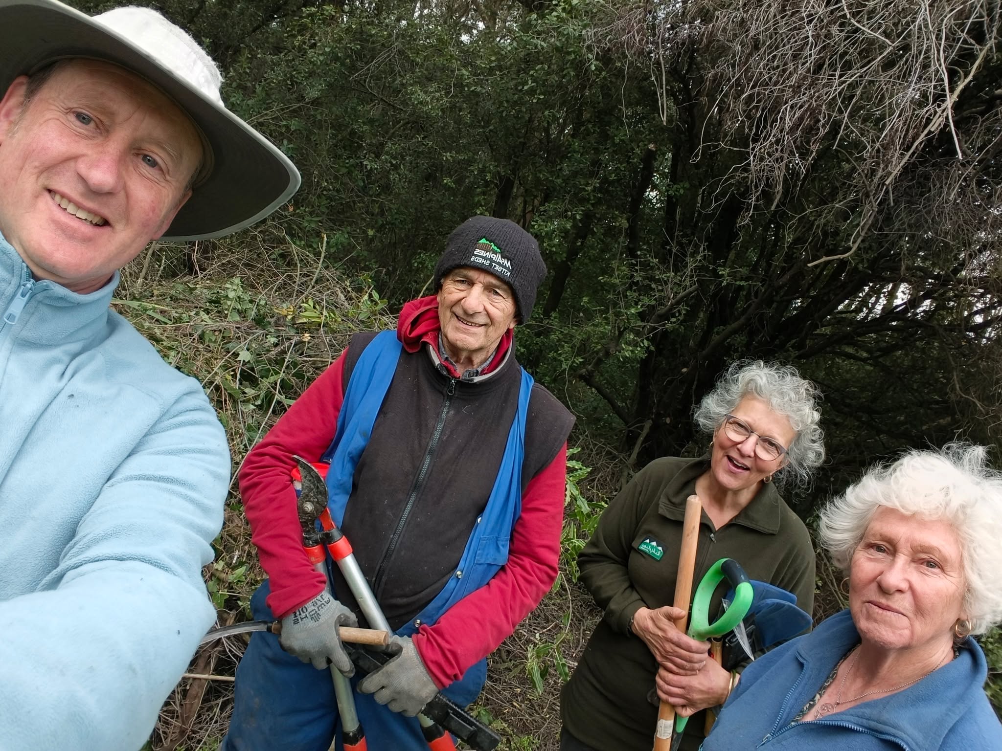 You might be able to see the weed mound behind us - another good session at Matawai Park today AND it was dry. We've finished our first segment of the park and are moving "across the ditch" next week. Progress!