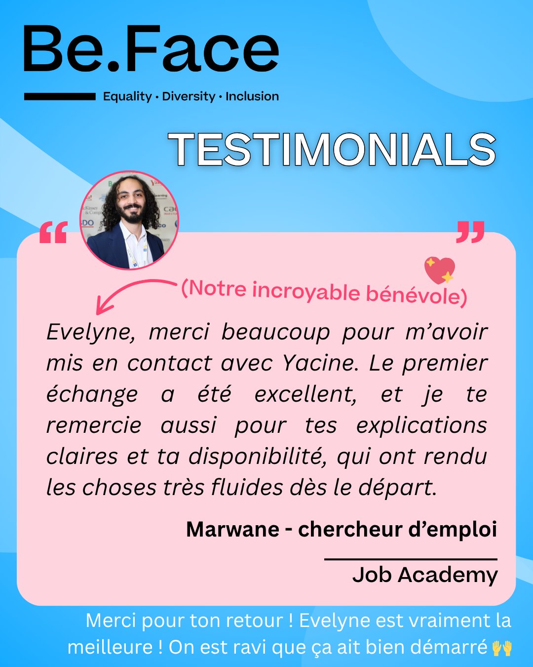 ✨ Quelques témoignages qui donnent le sourire ✨
À travers le programme de mentorat Be.Face, des dizaines de duos ont partagé bien plus que des conseils : de l’écoute, du soutien, et de belles réussites. 💬🤝
Swipez pour découvrir quelques témoignages touchants de mentors et mentees qui ont grandi ensemble, chacun à leur manière. 🌱📈
Merci à toutes celles et ceux qui rendent cette aventure humaine possible. 🫶
#BeFace #Mentorat #Témoignages #Partage #Réussite #Inspiration #Mentor #Mentee #Entraide #ImpactPositif #review #testimonial #feedback #happy #love #like #smile #grateful
