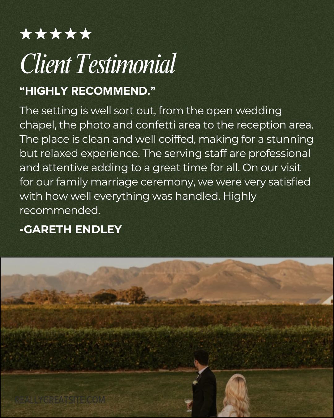 Kind words like these remind us why we do what we do…
Especially if the review is from a family member of the happy couple!
If you’ve had your wedding with us, please review us on Google. We’d love your feedback!
#weddingvenuelove #westerncapeweddings #paarlweddingvenue #capewinelandsweddings