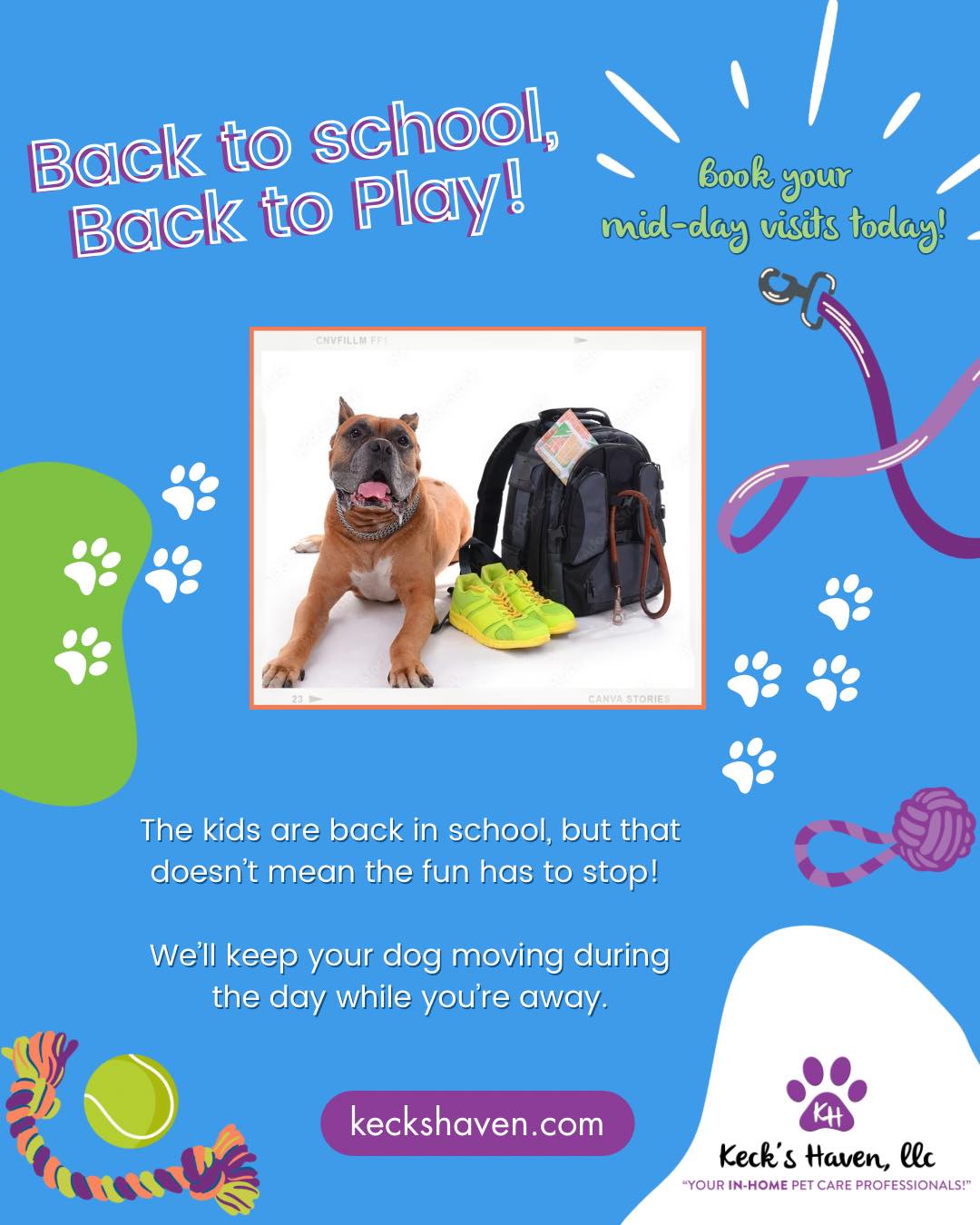 It's that time of year! We are now accepting new Dog walking/midday let out clients! With over 8 years of business, you can be sure your dog is taken care of and walked by someone that's licensed, insured, CPR/First Aid certified and Fear Free trained!!
Let the professionals handle it for a worry-free day away from home!! We send pictures and updates at every visit so you can see how much fun your pup had! www.keckshaven.com
