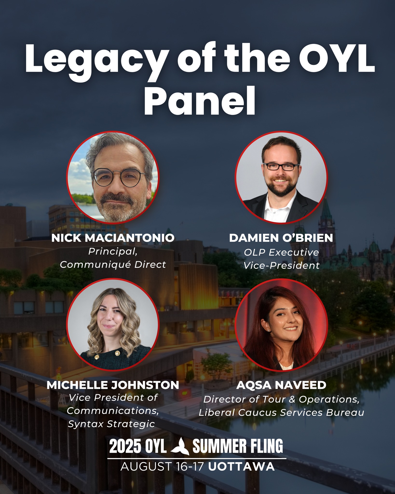 We’re excited to announce our Legacy of the OYL panel at Summer Fling 2025!
From the 1980s to today, these former OYL executives who shaped the organization will reflect on their journeys, share fun stories and lessons learned, and discuss the impact the OYL has had on their careers.
There is still 3 days left to register. Link in bio.
//
Nous sommes ravis d'annoncer la tenue de notre table ronde « L'héritage des JLO » lors du Summer Fling 2025 !
De 1980 à aujourd'hui, ces anciens dirigeants de l'OYL qui ont façonné l'organisation reviendront sur leur parcours, partageront des anecdotes amusantes et les leçons qu'ils ont tirées, et discuteront de l'impact que l'OYL a eu sur leur carrière.
Il reste encore 3 jours pour s'inscrire. Lien dans la bio.