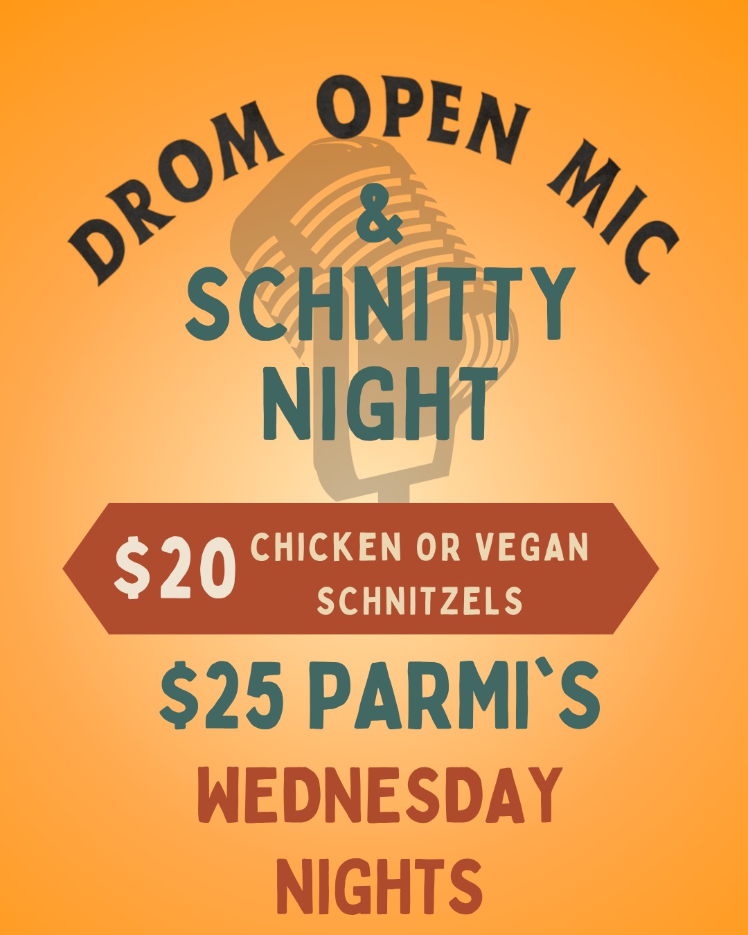 🎤 Open Mic + Schnitty Night = Your Perfect Wednesday!
Step up to the mic (or cheer on thelocal talent) at The Drom Open Mic Night. Every Wednesday night.
Starting this Wednesday, join us from 6–8 pm for live tunes and tasty specials:
🍗 $20 Chicken or Vegan Schnitzel
🧀 $25 Parmi
Grab your guitar, your mates, or just your appetite!