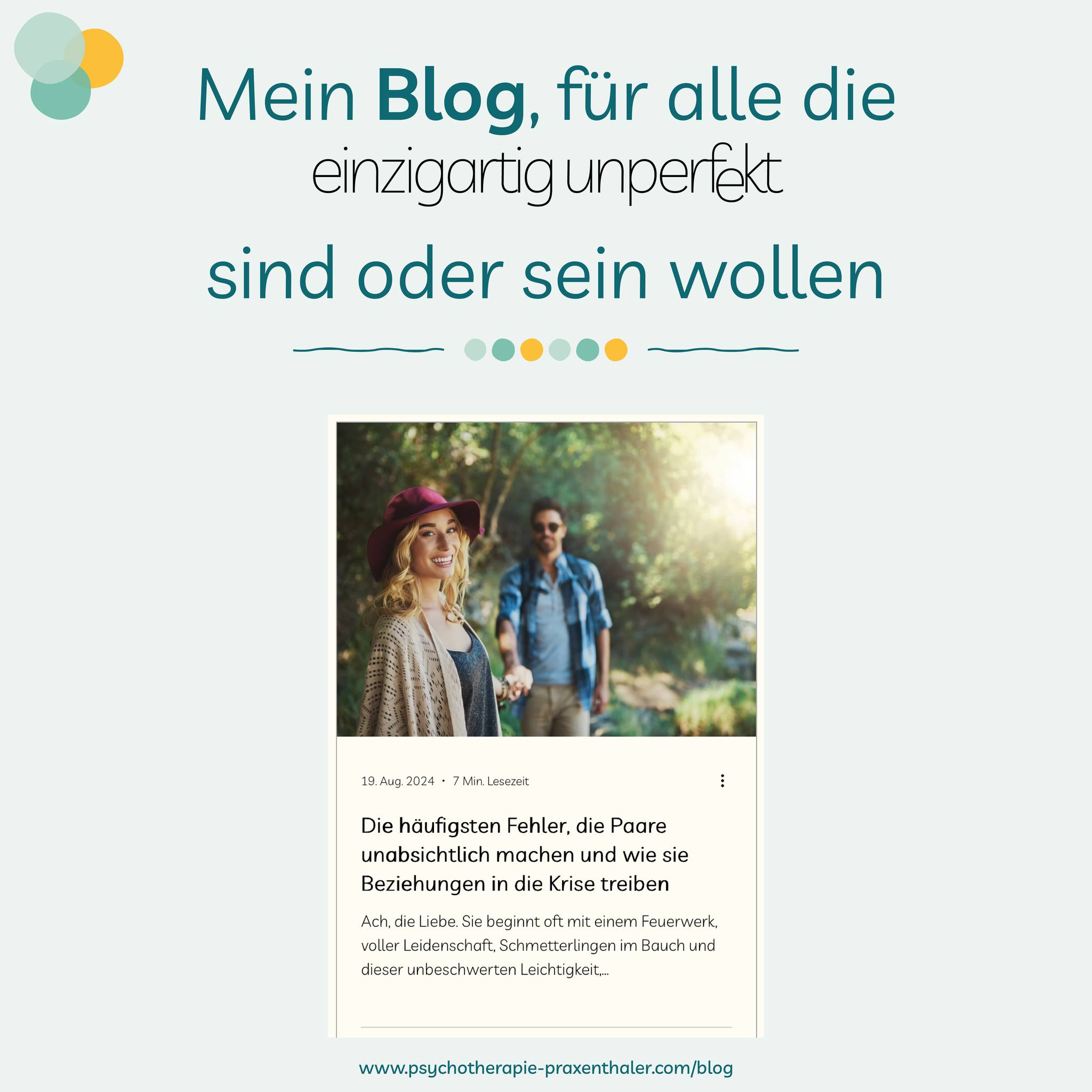 Mein Blog ist für alle da, die #einzigartigunperfekt sind oder sein wollen.
Das Thema dieses mal: Die häufigsten Fehler, die Paare unabsichtlich machen und wie sie Beziehungen in die Krise treiben.
#HeilpraktikerinFürPsychotherapie #PraxisPraxenthaler #AnjaPraxenthaler #Einzeltherapie #Paartherapie #Coaching #einzigartigunperfekt
📞 +49 176 41515436 | ✉️ office@psychotherapie-praxenthaler.com
🌐 www.psychotherapie-praxenthaler.com
