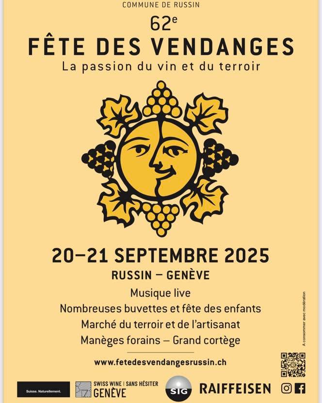 ⚠️ SAVE THE DATE ⚠️
🍇 La fête des Vendanges de Russin revient en septembre 🍇
➡️ Musique Live
➡️ Buvettes et Restauration
➡️ Fête des Enfants
➡️ Marché du terroir et de l’artisanat
➡️ Tournoi de Pok
➡️ Cortège
Et surtout une ambiance de folie!
Vivement septembre!