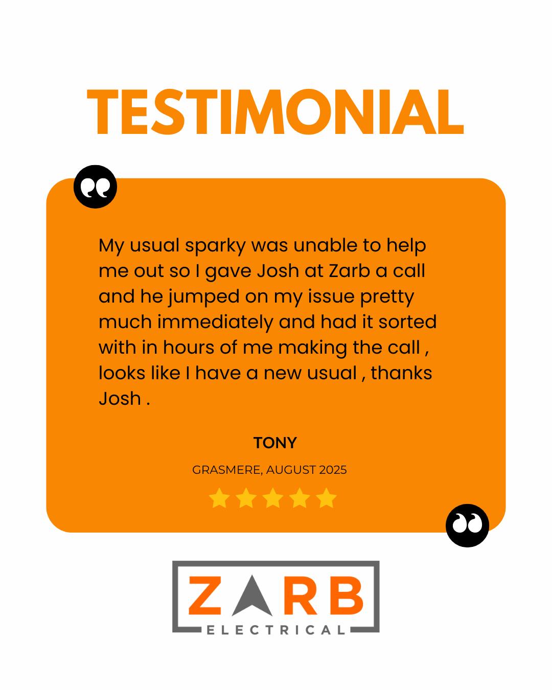 🎉 Ripper Review Alert! 🎉
A big thank you to Tony for the awesome feedback! 🙌
We’re so glad we could jump in and get your electrical issue sorted quickly. Knowing we’ve earned a spot as your new “usual” sparkie means the world to us ⚡😊
Need a reliable electrician who’s there when you need them? Call us today!
☎️ 4610 0185
🖥️ zarbelec.com.au/request-a-quote