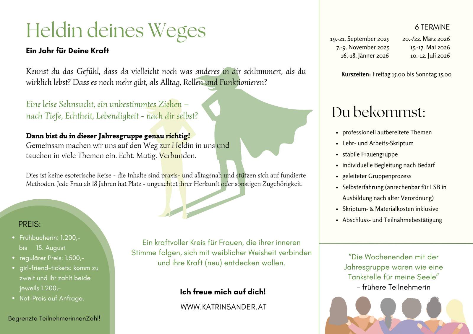 Du wünschst Dir einen coolen JahresFrauenKreis? Vielleicht ist DAS was für dich!! Ich würde mich freuen, wenn DU auch dabei bist! 💞👩🏼🤝👩🏻
* Heldin deines Lebens
* 6 super Wochenenden mit tollen Themen
* viele Übungen, Ritual-Ideen und
* Frauenpower