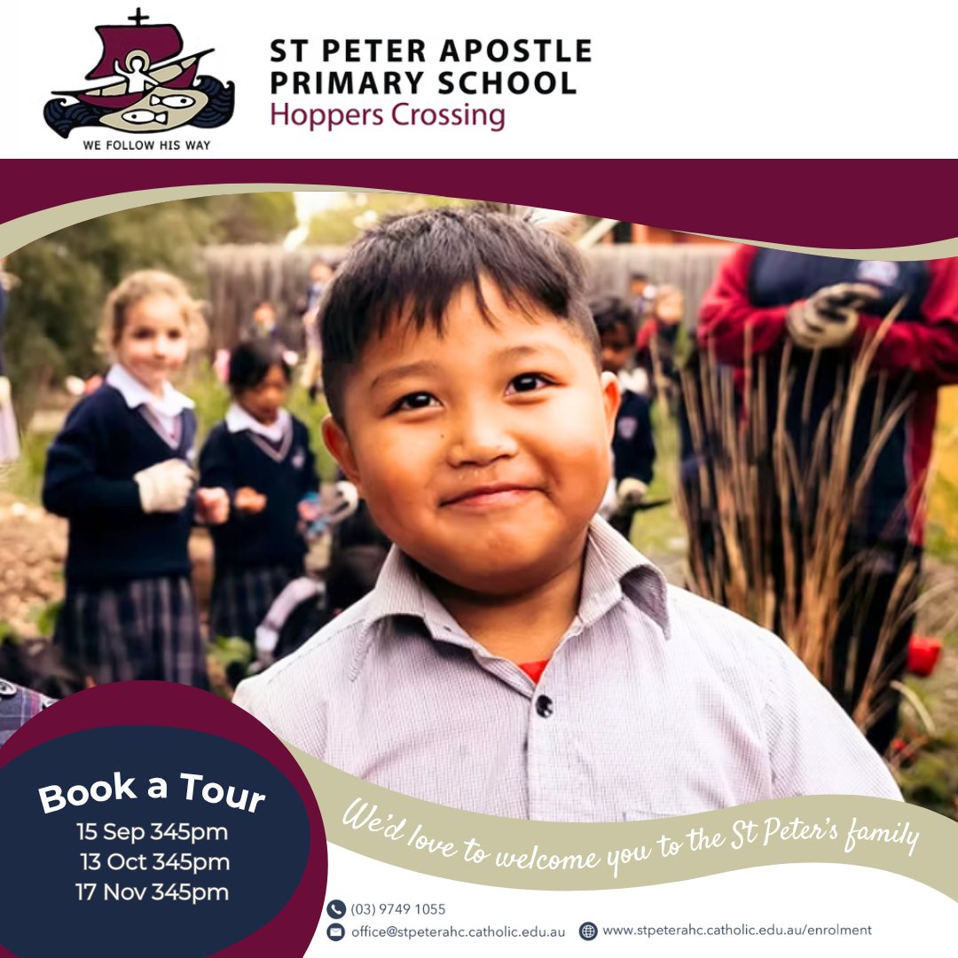 ❤️ Faith is woven into daily life at St Peter the Apostle. Through acts of service, compassion and community connection, we aim to nurture values that will guide our students for life.
We welcome you to join a school tour to learn more about our Catholic identity and the role it plays in shaping a safe and caring environment for all students.
You’re warmly invited to visit us at one of our upcoming school tours:
Next Tour 🚌 Monday 15 September at 3:45pm.
Please book your tour via our school website.
#StPetersApostleHoppersCrossing #HoppersCrossing #StPetersPrimarySchool #EnrolNow #StPeters #PrimarySchool #CatholicsEducation # LearnRelateLive