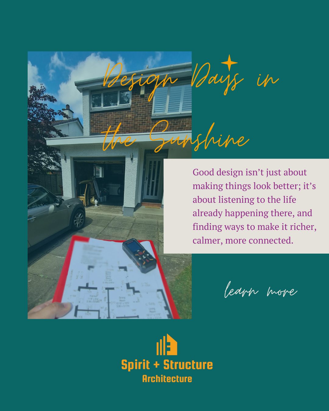 Design Days in the Sunshine
There’s something about summer site visits… light bouncing off stone walls, gardens in full bloom, and neighbours stopping for a chat on the pavement.
This past week I’ve been out on surveys in Edinburgh, Aberdeen and Fife , getting to know homes with stories to tell and potential to unlock. Each one has its own quirks and challenges, but also its quiet moments of brilliance — the way a window frames a view, or how the morning sun finds its way into a room.
It’s these little details that guide the designs to come. They’re the reason a plan feels right, why a space feels like home.
Good design isn’t just about making things look better — it’s about listening to the life already happening there, and finding ways to make it richer, calmer, more connected.
If you’ve been looking around your home lately, wondering how it could feel better, lighter, or more you, now’s the perfect time to start the conversation. Let’s see what your space could become.
#SpiritAndStructure #ArchitectLife #SiteVisitDays #ExtensionDesign #ScottishHomes #SmallButWell #ArchitectureInScotland #DesignProcess #HomeImprovementIdeas #BeforeTheDesign #DesignWithCare