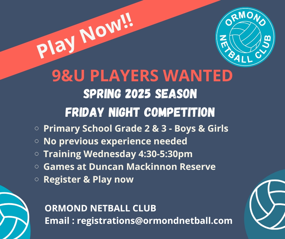 Itâs been a fantastic start to our 9&U Friday night season, and weâre looking for a few more players to join the fun! đ
If youâre in Grade 2 or 3 and keen to give netball a go, weâd love to have you on court.
Email registrations@ormondnetball.com to get started today!