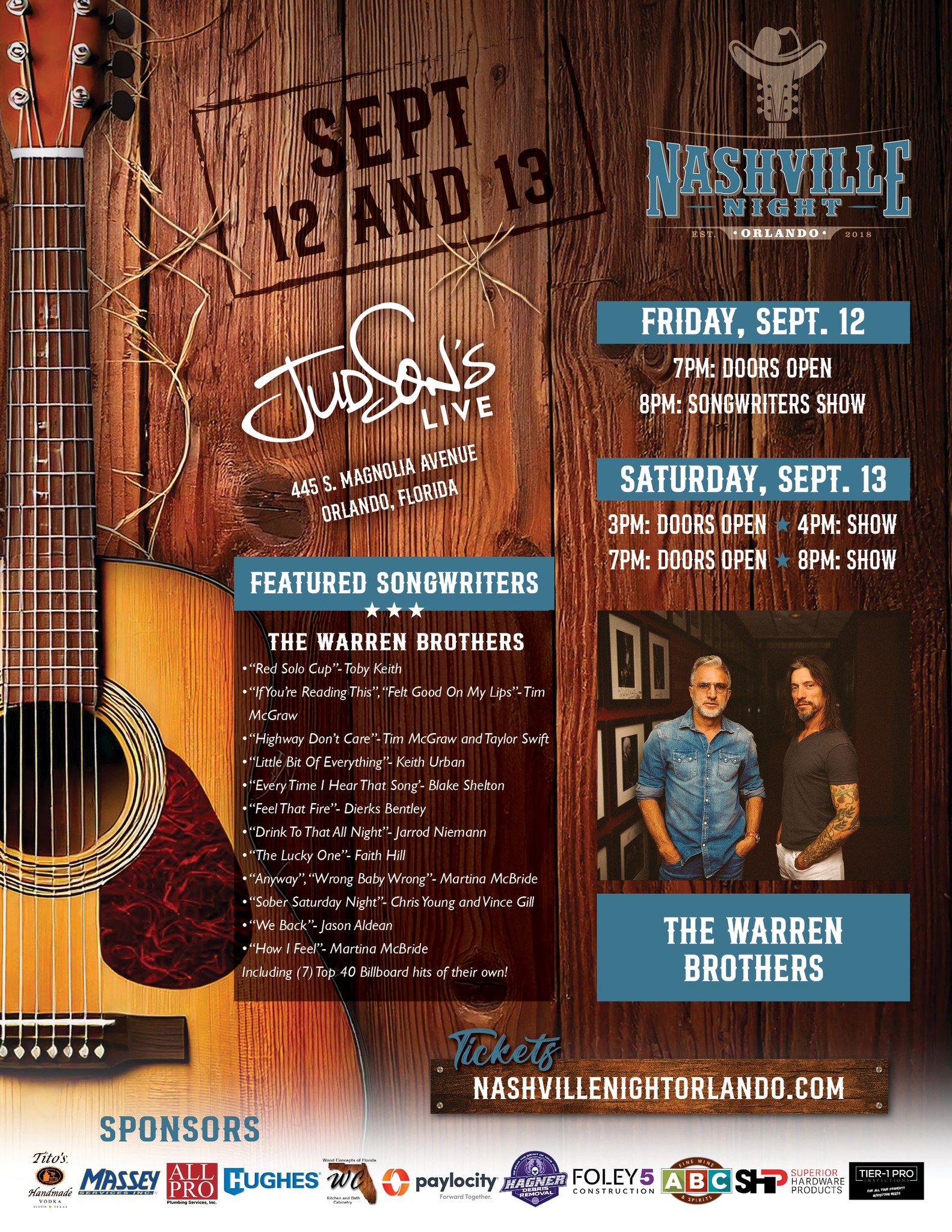 ARTIST ANNOUNCEMENT-- We are looking forward to welcoming @thewarrenbrothers to @nashville_night_in_orlando on September 12/13th! What a weekend of shows this is going to be!
TICKETS go live on Thursday August 14th at 10am! Please use presale code NASHVILLE for access. Tickets are expected to go very quickly!
Thank you all for your support and we are looking forward to three incredible shows!
@judsonslivemusic
Dr. Phillips Center for the Performing Arts
@dwntwn_orlando
@dwntwn_orlando
@orlandodatenightguide
@orlandomusiclive
Orlando Music Live
@visitorlando
Visit Orlando
