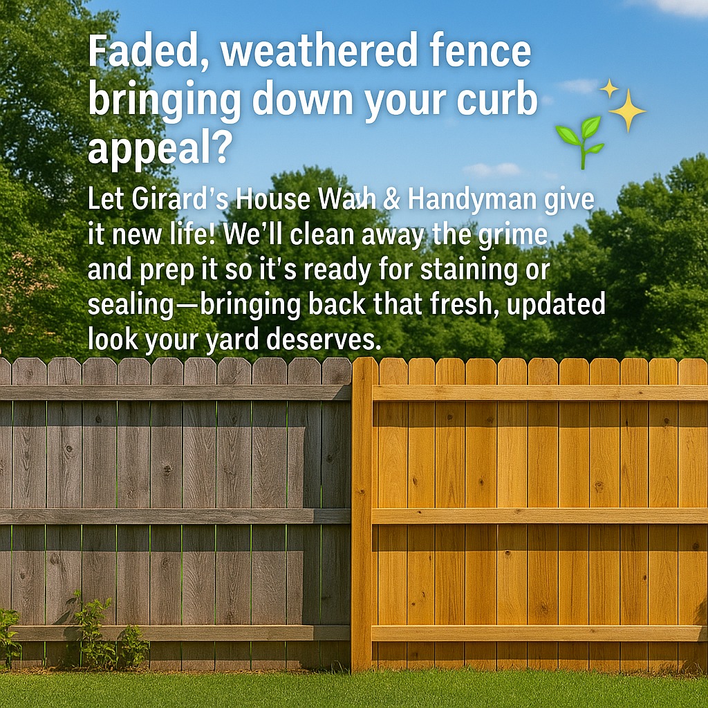 Faded, weathered fence bringing down your curb appeal? 🌿✨
Let Girard’s House Wash & Handyman give it new life! We’ll clean away the grime and prep it so it’s ready for staining or sealing—bringing back that fresh, updated look your yard deserves.
📞 Call or message us today for your free estimate!
📍 Serving Edmonson County & surrounding areas
#GirardsHouseWash #HandymanServices #FenceCleaning #FenceRestoration #PressureWashing #CurbAppeal #BeforeAndAfter #HomeMaintenance #EdmonsonCounty #KentuckyHomes #LocalBusiness #FenceUpdate
