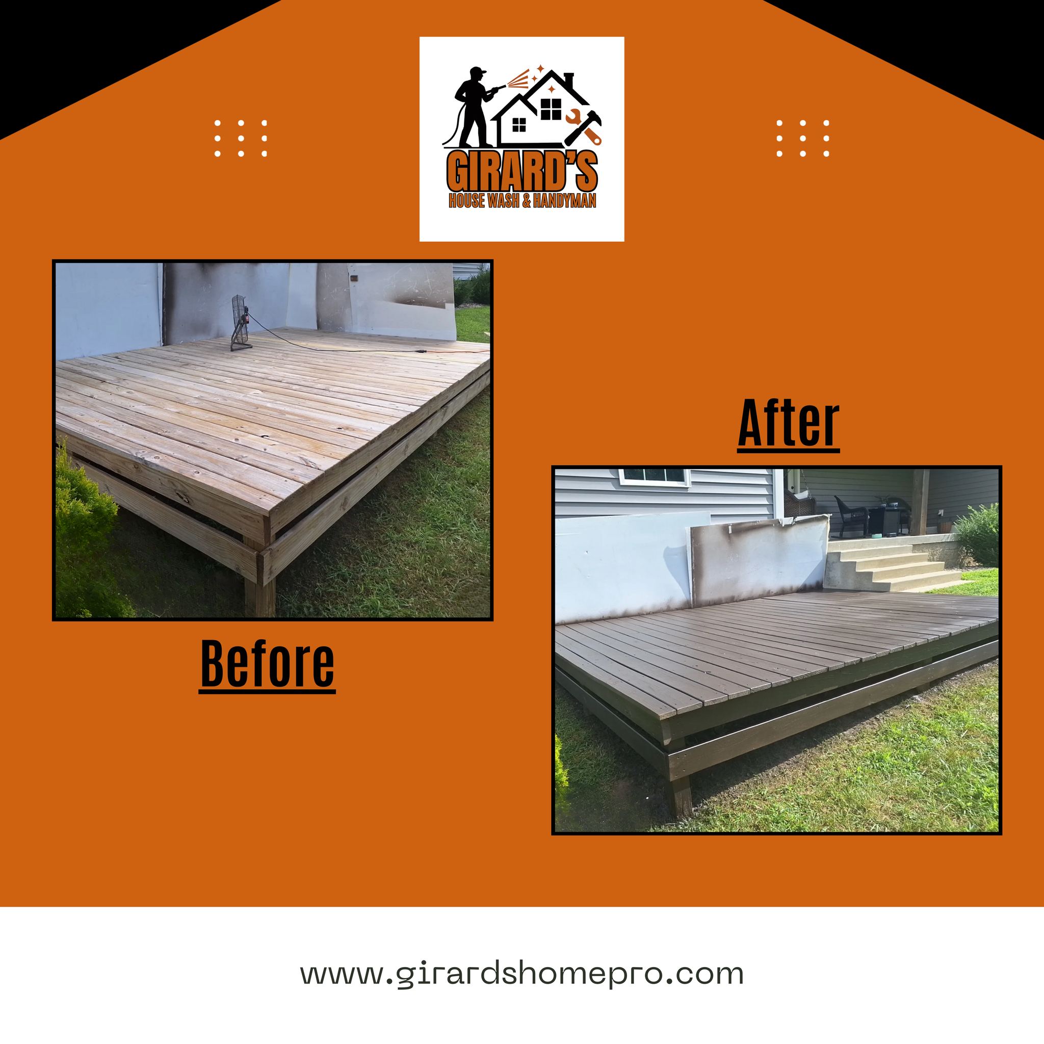 Transform your deck from dull and weathered to rich and beautiful!
🌟 Girard’s House Wash & Handyman will clean, prep, and stain your deck so it looks brand new again. Perfect for boosting curb appeal and making your outdoor space shine!
📞 Call or message us today for your free estimate!
📍 Serving Edmonson County & surrounding areas
#GirardsHouseWash #HandymanServices #DeckCleaning #DeckStaining #BeforeAndAfter #CurbAppeal #PressureWashing #HomeMaintenance #EdmonsonCounty #KentuckyHomes #LocalBusiness #DeckRestoration