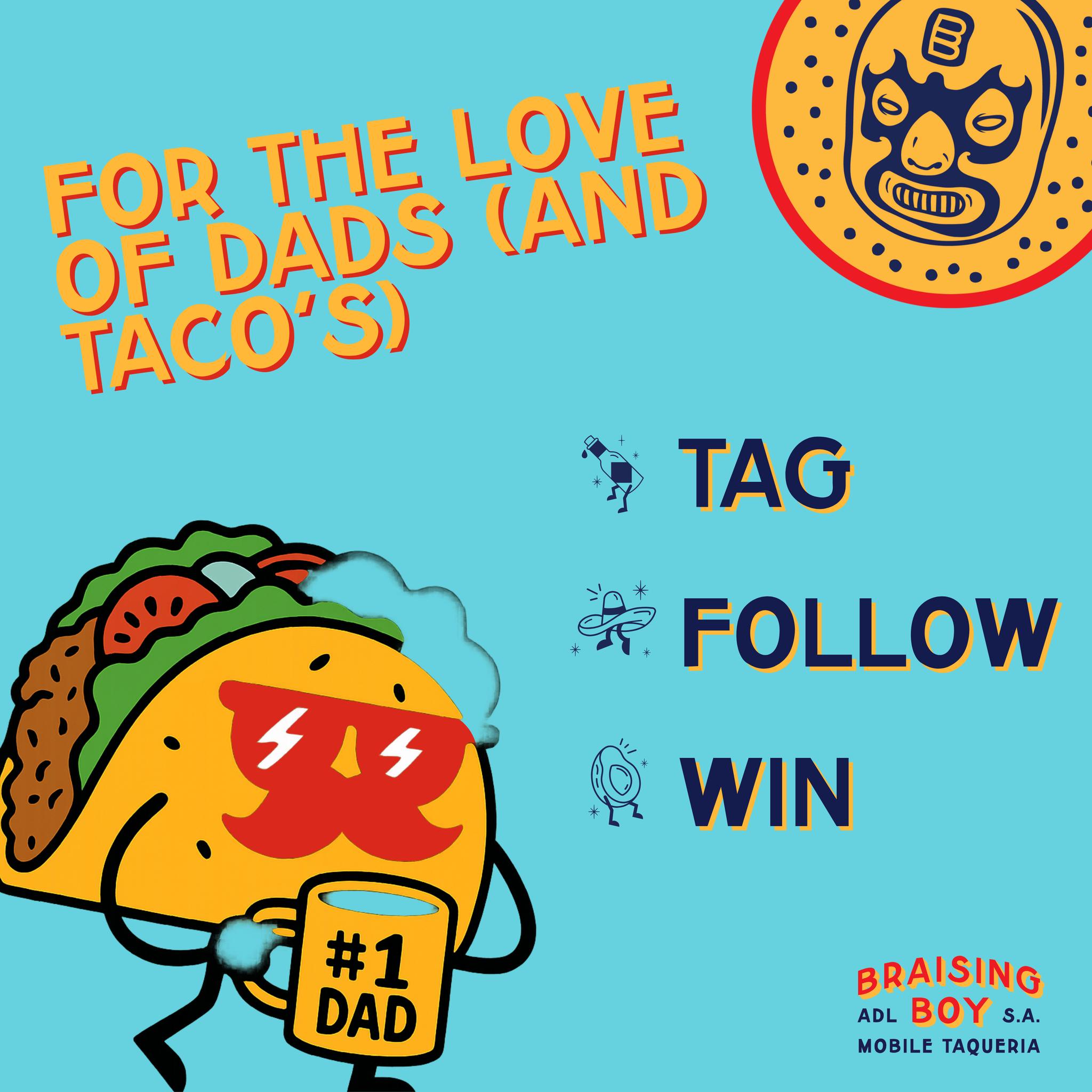 Tag a Dad (not just yours — any Dad who loves a taco) and you could both win a $50 Braising Boy voucher.
Be sure to like our page and drop your tag below, and you’re in the draw.
Winners announced Friday afternoon (22nd Aug).
#BraisingBoy #adelaidefoodtruck #foodtruck #SouthAustralian #foodadelaide #adelaidefoodtrucks #adelaidefoodie #southaustralia
SA residents 18+. Not sponsored by IG.