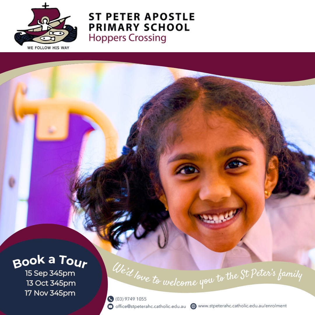 ❤️ We understand how important the start of school is for your child… and for you. At St Peter the Apostle, we aim to make that transition as smooth, supported and positive as possible. From their very first day, your child will be welcomed into a caring, inclusive and engaging learning environment.
You’re warmly invited to visit us at one of our upcoming school tours:
Next Tour - 🚌 Monday 15 September at 3:45pm.
Please book your tour via our school website.
#StPetersApostleHoppersCrossing #HoppersCrossing #StPetersPrimarySchool #EnrolNow #StPeters #PrimarySchool #CatholicsEducation # LearnRelateLive