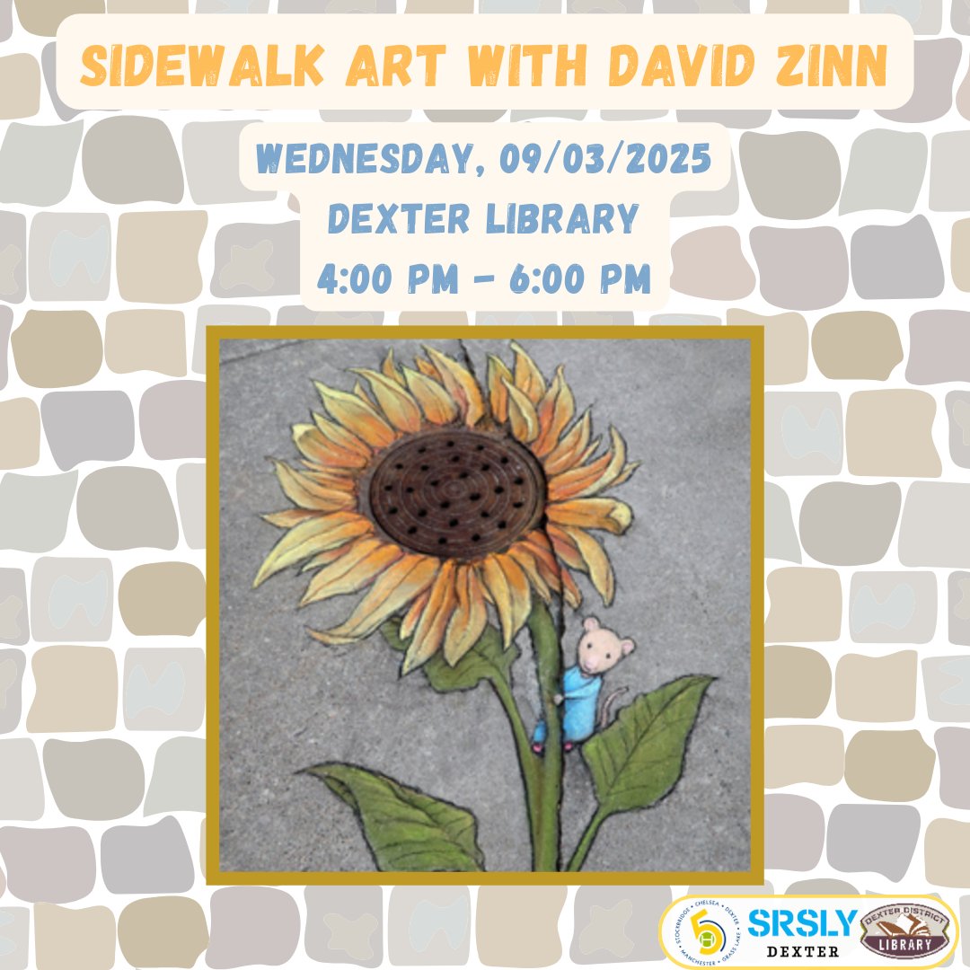 ๐จ Registration is open for Sidewalk Art with David Zinn!
Join us on Wednesday, September 3rd from 4โ6pm for a creative afternoon of chalk art with beloved Ann Arbor artist David Zinn! He'll kick things off with a live demo, showing how to transform everyday surroundings into whimsical art. Then, grab some chalk and give it a try on the library sidewalk!
Presented in partnership with Dexter District Library and 5 Healthy Towns.
Registration link in bio.