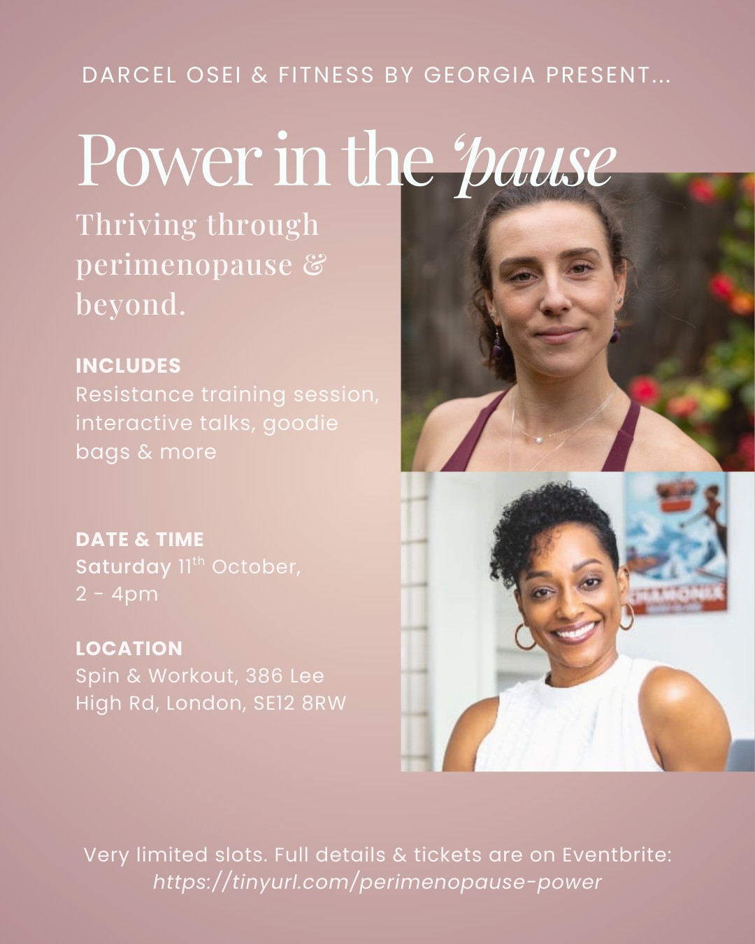 Power in the 'pause: Thriving through perimenopause and beyond.
We are excited to be hosting @fitnessbygeorgia and @darcel_osei as they collaborate all in the name of perimenopause!
Did you know... perimenopause can start as early as your 30s? And the symptoms typically talked about as menopause - hot flushes, mood changes, low libido and night sweats - are *actually* the perimenopause?
They will be hosting a live event at The Studio at Spin & Workout on Saturday 11th October, 2-4pm, to bring local women together for a powerful and nurturing afternoon designed to support, educate and uplift women on the journey through perimenopause and beyond.
The two hours will be packed with interactive talks and sessions, a resistance training work out (run by Georgia!) and They'll even be giving out hand curated gift bags and resources.
Strength training is a key part of peri symptom management and staying healthy through the change - so you can come and hear me dive into the details about it's absolutely critical.
Click the link our bio to find out more info & grab early bird tickets while you can!
#SpinandWorkout #southlondonevents #southeastlondonmums #southeastlondonevent #perimenopause #perimenopausesupport #selondonevent