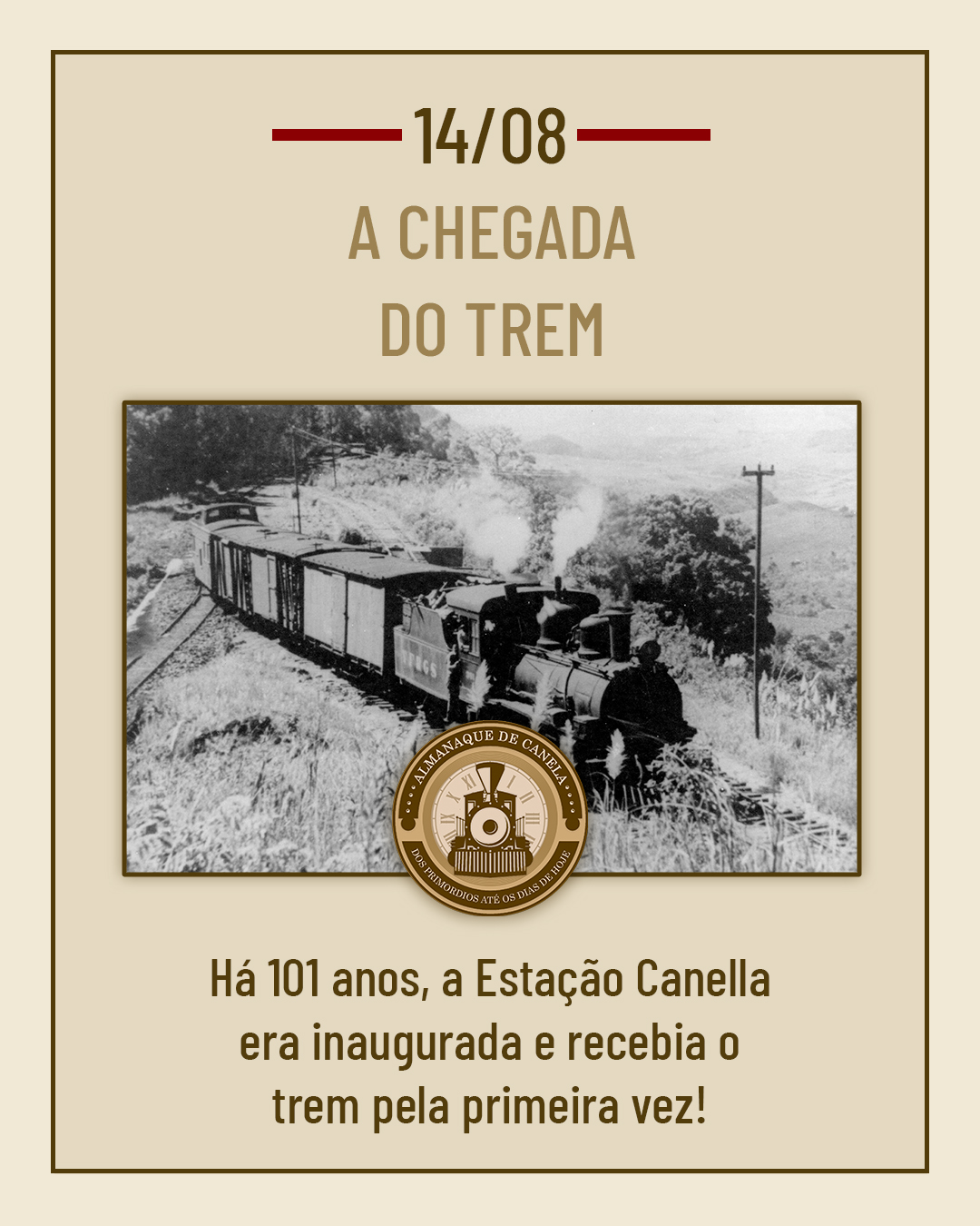Há 101 anos, em 14 de agosto de 1924, Canela recebia pela primeira vez o trem e inaugurava oficialmente a Estação Canella, marcando o início de uma nova história para a comunidade.
O apito do trem anunciava não apenas a chegada de pessoas e mercadorias, mas também de sonhos, oportunidades e conexões que transformariam Canela para sempre. Um marco que até hoje nos lembra da coragem e da visão daqueles que ajudaram a construir a cidade que conhecemos.
Quer conhecer essa história completa? Acesse o portal do Almanaque de Canela!
#ChegadaDoTrem #EstaçãoCanella #AlmanaqueDeCanela