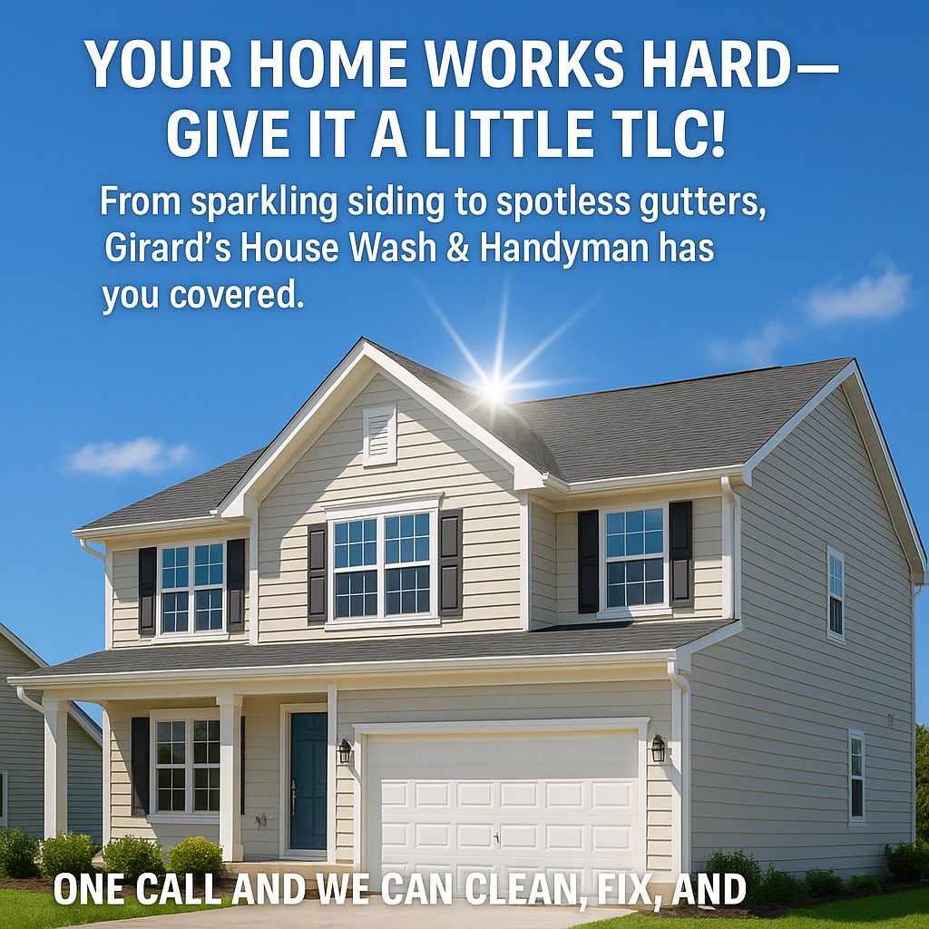 "Your home works hard—give it a little TLC! 🏡✨ From sparkling siding to spotless gutters, Girard’s House Wash & Handyman has you covered. One call and we can clean, fix, and freshen it all!"