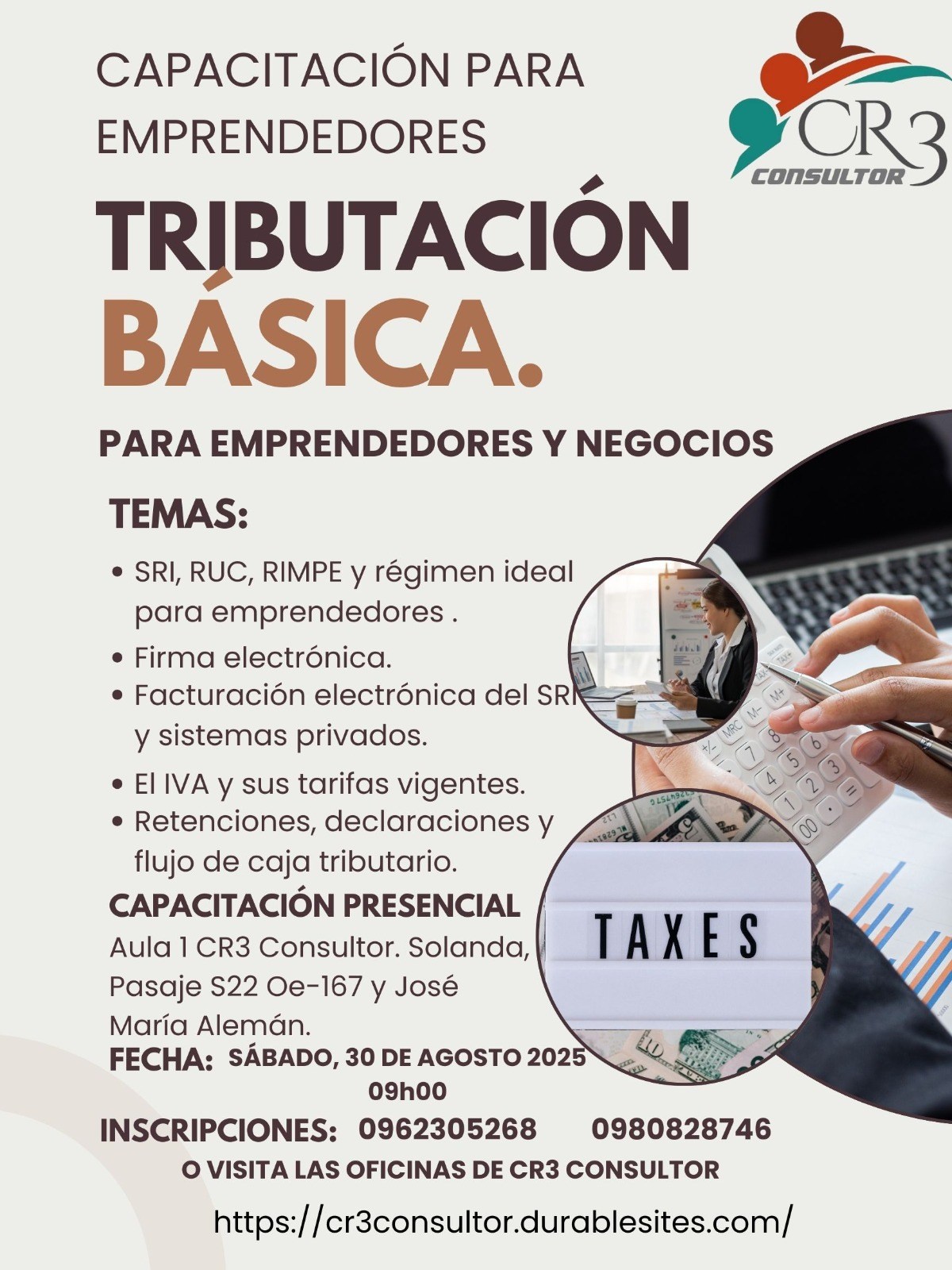 ¿Eres emprendedor, comerciante o profesional independiente y quieres entender de manera clara y práctica cómo funciona la tributación en Ecuador?
Este curso es para ti 👇
🧾 Curso: Tributación Básica para Emprendedores
📍 Lugar: Sector Solanda, al sur de Quito
📅 Fecha: Sábado, 30 de agosto de 2025
🕘 Hora: 09h00 – 13h00
⏳ Duración: 4 horas
👉 Aprenderás de forma práctica:
Obligaciones tributarias principales de un emprendedor.
Cómo emitir facturas y declarar el IVA.
Manejo de gastos deducibles.
Recomendaciones para evitar sanciones del SRI.
Firma y facturación electrónica.
Flujo de caja tributario.
Inscríbete, una inversión sumamente baja con grandes beneficios para ti. 0980828746 - 0962305268.
www.cr3consultor.durablesites.com