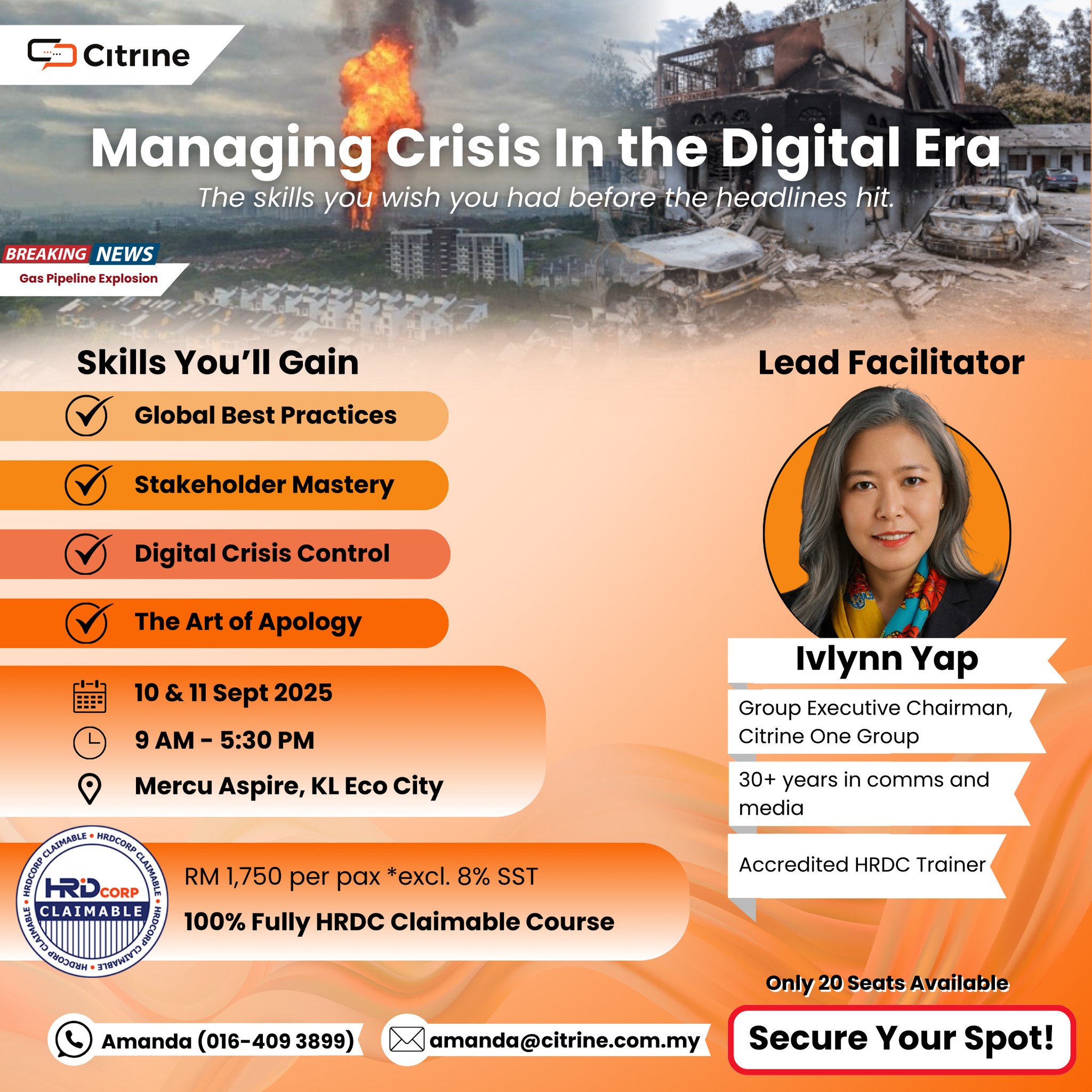🚨 The Malaysia pipeline explosion proved bad news travels fast.The next crisis will be AI-driven (deepfakes, bots, synthetic media).
💡 Time to upgrade your skills. Learn from Ivlynn Yap:
✔ Control the narrative
✔ Manage stakeholder panic
✔ Apologise the right way
🤖 Don’t get left behind.
📅 Sept 10-11 | Fully HRDC Claimable (Ref: 10001588025)
⚠️ Only 20 spots. WA Amanda: 0164093899
#CrisisReady #AI #PublicRelations #HRDCClaimable #Tech