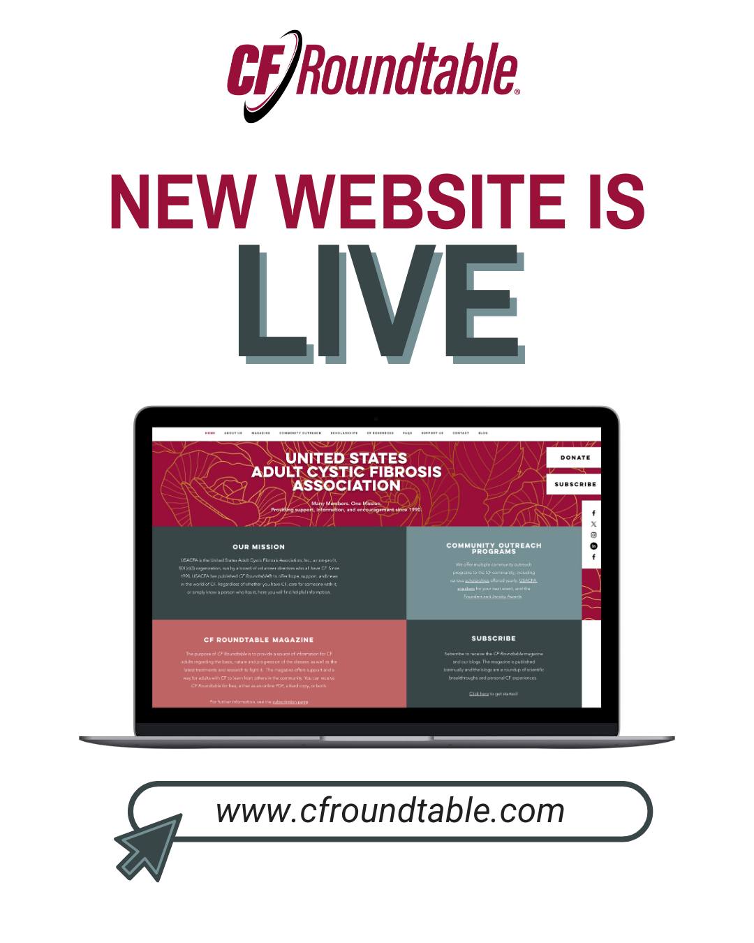 🔹 As you know, we've been working on some exciting things, including a new website. Our new website is LIVE!
🔗 Check it out at www.cfroundtable.com and while you're there, subscribe to our free magazine written for people with CF by people with CF. Best part? It's free!