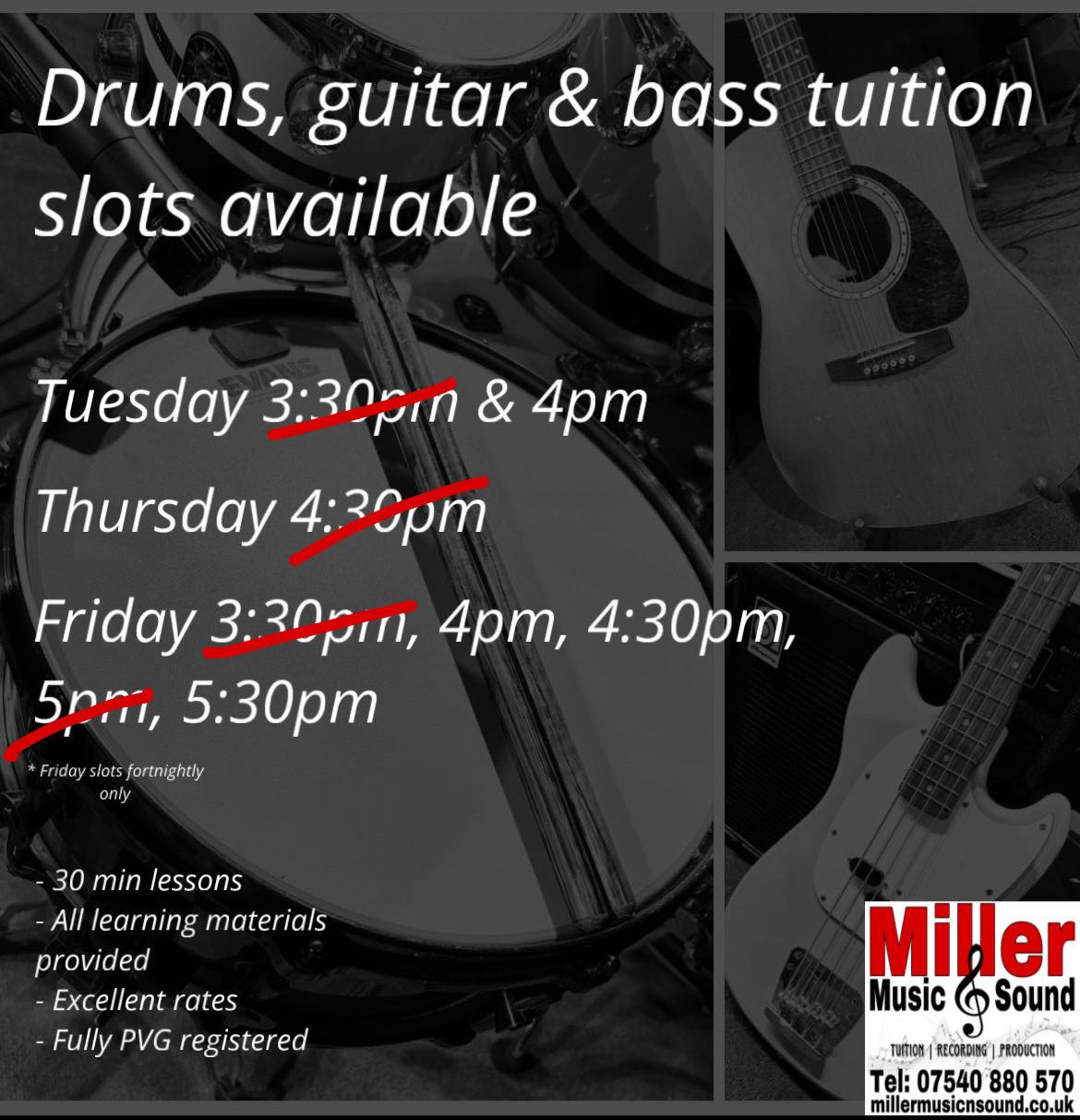 Last remaining spaces available! Get 50% off the price of your first block if you can fill one of the following slots. Get in touch now 🎶
#musicstudio #musiclessons #guitarlessons #musicianslife #learning #millermusic #musiceducation #musictuition #basslessons #musicians #drumlessons #paisley #renfrewshire #rockschool #pianolessons