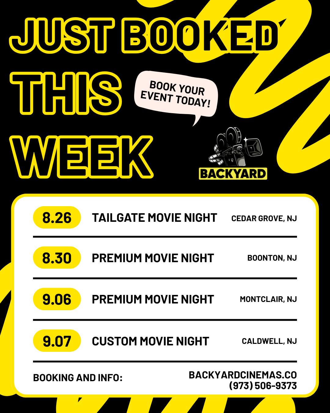 📆 Just booked and coming up this week – we’re bringing the big screen to your town!
🎬 8/26: Tailgate Movie Night – Cedar Grove, NJ
🎬 8/30: Premium Movie Night – Boonton, NJ
🎬 9/06: Premium Movie Night – Montclair, NJ
🎬 9/07: Custom Movie Night – Caldwell, NJ
Hosting your own event? We’ve got you covered.
📲 backyardcinemas.co | (973) 506-9373
#BackyardCinemas #NJEvents #MovieNightVibes #OutdoorMovies #FamilyFun #CedarGroveNJ #BoontonNJ #MontclairNJ #CaldwellNJ