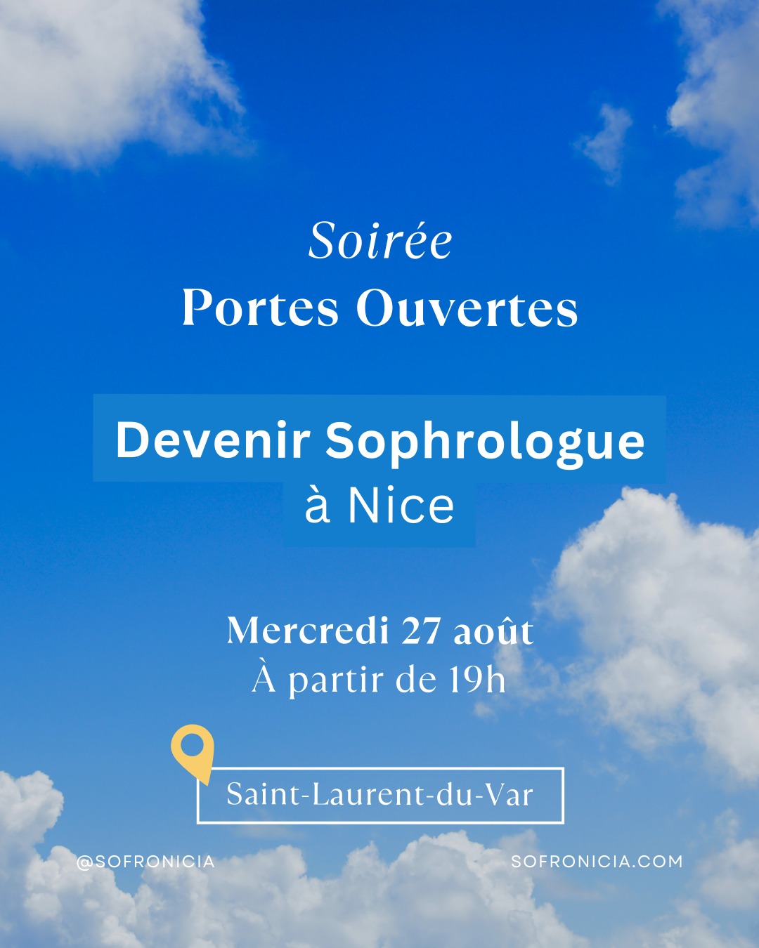 Vous souhaitez découvrir notre école et intégrer notre formation pour devenir sophrologue à Nice à partir d'octobre ? Rejoignez-nous pour une soirée portes ouvertes, le mercredi 27 août à partir de 19h dans nos locaux à Saint-Laurent-du-Var !
Notre équipe sera présente pour répondre à toutes vos questions : calendrier, tarifs, programme de formation etc...
📅 Mercredi 27 août
🕖 À partir de 19h
📍 École Sofronicia, 40 boulevard Jean Ossola, Saint-Laurent-du-Var
💬 Événement gratuit et ouvert à tous
Ne manquez pas cette occasion unique de découvrir notre école et les dessous d’une nouvelle carrière passionnante.
Inscrivez-vous dès maintenant !
🔶 Inscription obligatoire, places limitées 🔶
📧 ecole@sofronicia.com
📞 06 84 70 51 29
🖥️ www.sofronicia.com
#sofronicia #formationsophrologie #sophrologienice #sophrologiecaycedienne #devenirsophrologue #devenirsophrologuenice #sophrologiepaca #sophro #formationsophrologue #sophrologie #sophrologue