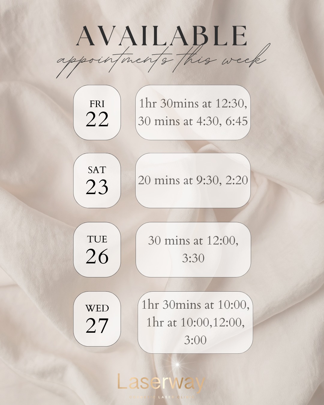 Whether you’re due for a face tidy, curious about a chemical peel, or want to book in for a free consultation & patch test — we’ve got appointments available this week! 💆♀️✨
Plus… Our Summer Offers are ending 31st August -
Underarms Laser – £30
Bikini & Underarms – £70
Glow Facial – £50
📲 Message now to book in💫