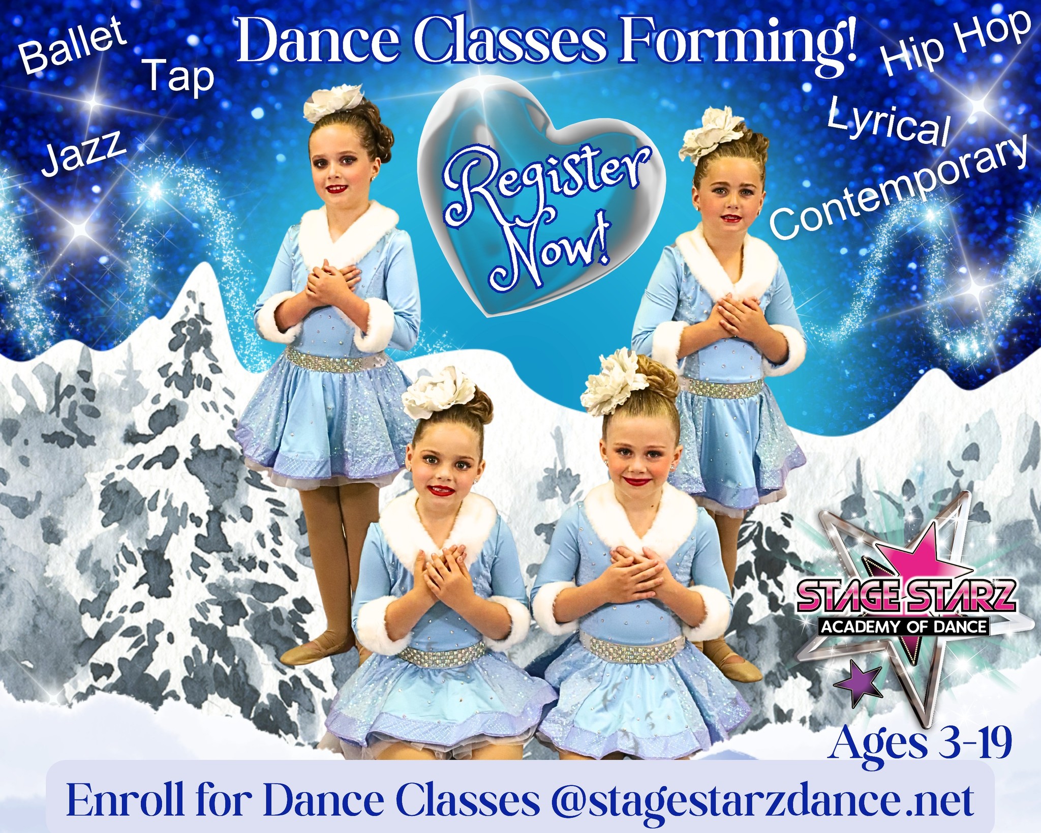 STAGE STARZ ACADEMY OF DANCE
🤩Register now for our fall classes!🤩
🌟 Easy online enrollment on our website at stagestarzdance.net 🌟
Classes for Preschool thru Advanced
Ages 3-19
Tap, Jazz, Ballet, Pointe, Lyrical, Contemporary, Competition Teams, Preschool Combos, and More!
6800 Lewis Avenue
Temperance, MI
For more information:
Visit: stagestarzdance.net
Email: stagestarzdance@aol.com
Text: 734-497-3740
Classes begin the week of September 8th! Register now. Younger classes are filling quickly! We hope to meet you soon! 🙂