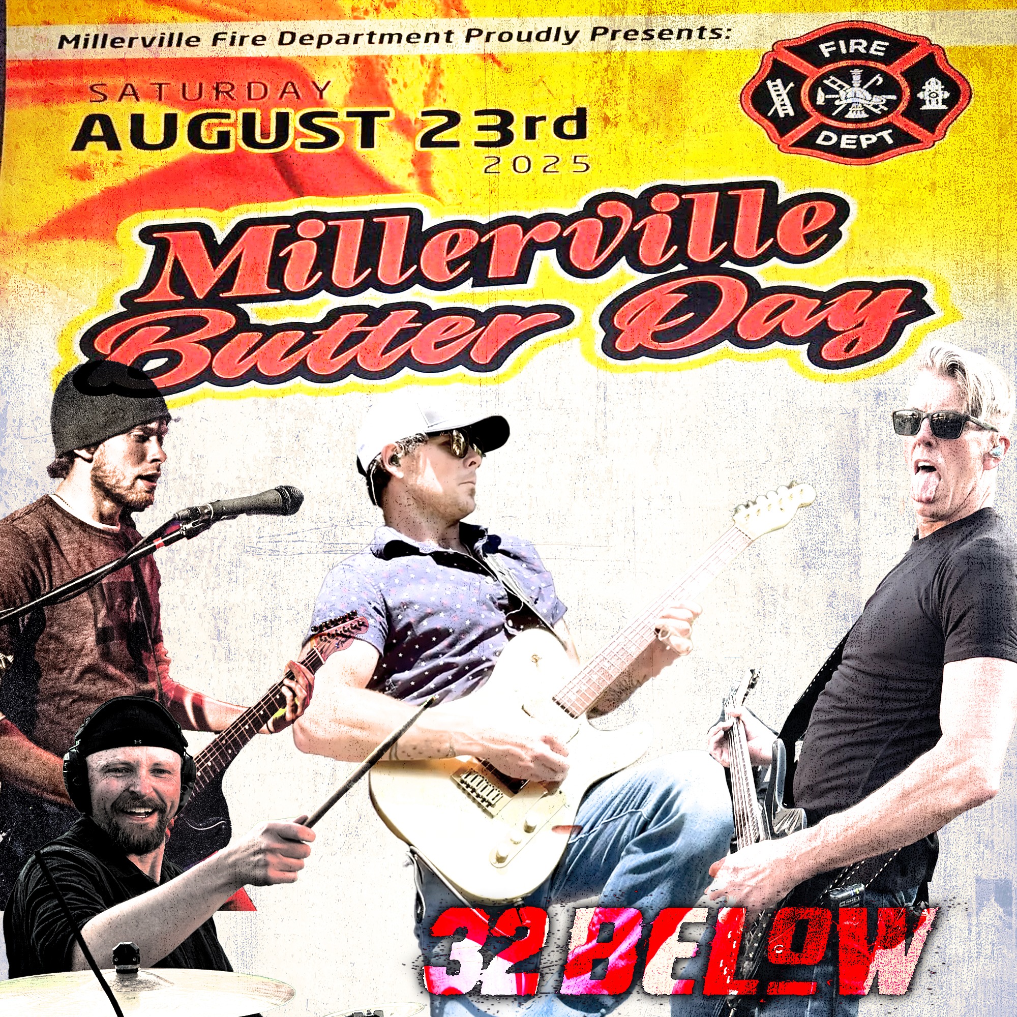 8.23.25 - Millerville Butter Day - Millerville, MN. Let's churn out the rest of summer with some good times and sunshine! See you on Saturday. #millervillebutterday #firemenrock #32below #mn Millerville Fire and EMS