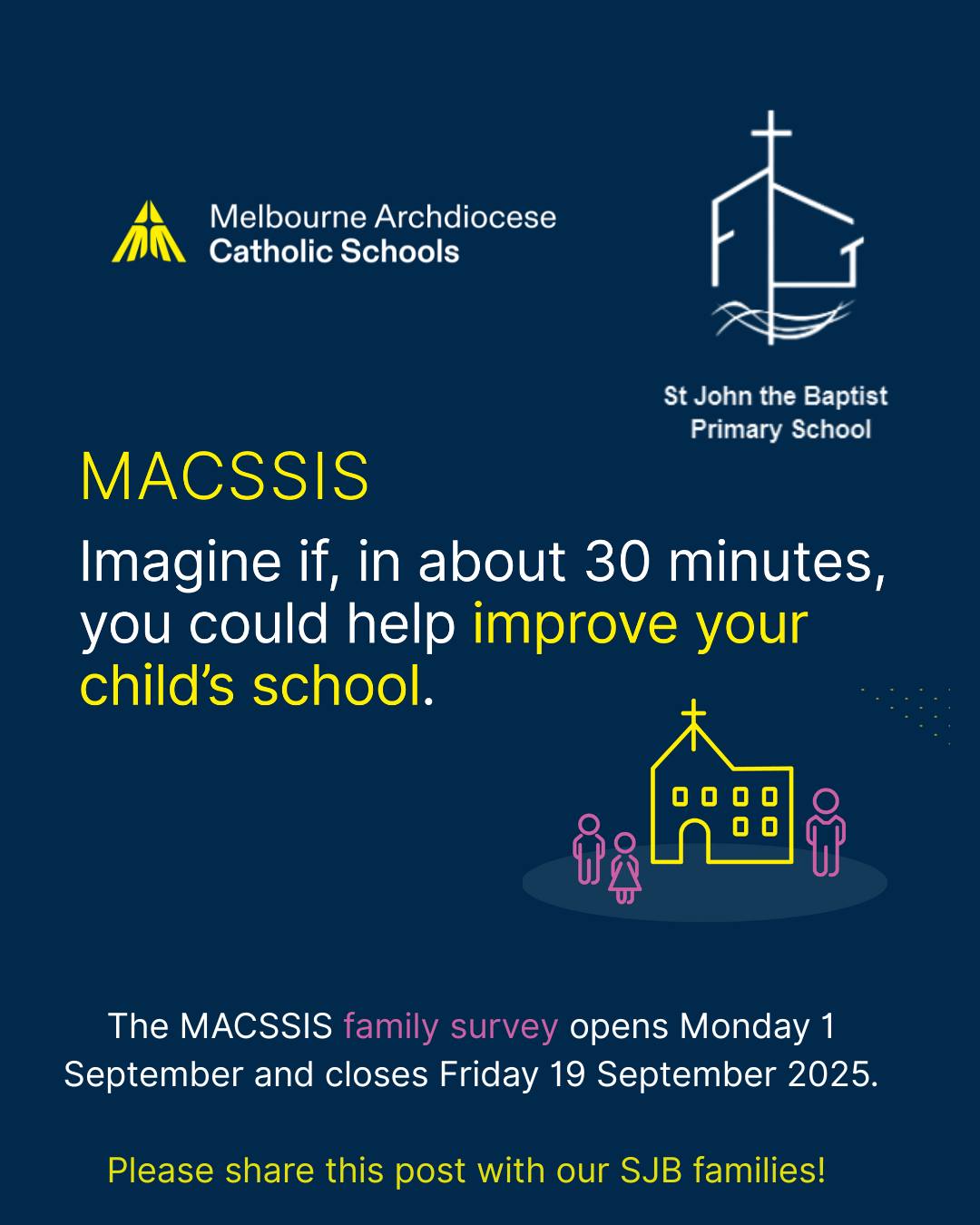 🗓️ The MACSSIS Family Survey opens on Monday 1 September!
Imagine if in about 30 minutes you could improve your child's school – that's the power of MACSSIS. ✨
Mark your diaries and stay tuned for more details on how you can take part. Your voice matters! 💙
#MACSSIS2025 #FamilySurvey #HaveYourSay #SJB2025 #stjohnthebaptistprimaryferntreegully #melbournecatholicschools #HopeFilledCommunity #enrichedcommunities #lightingtheirpath #catholiceducation