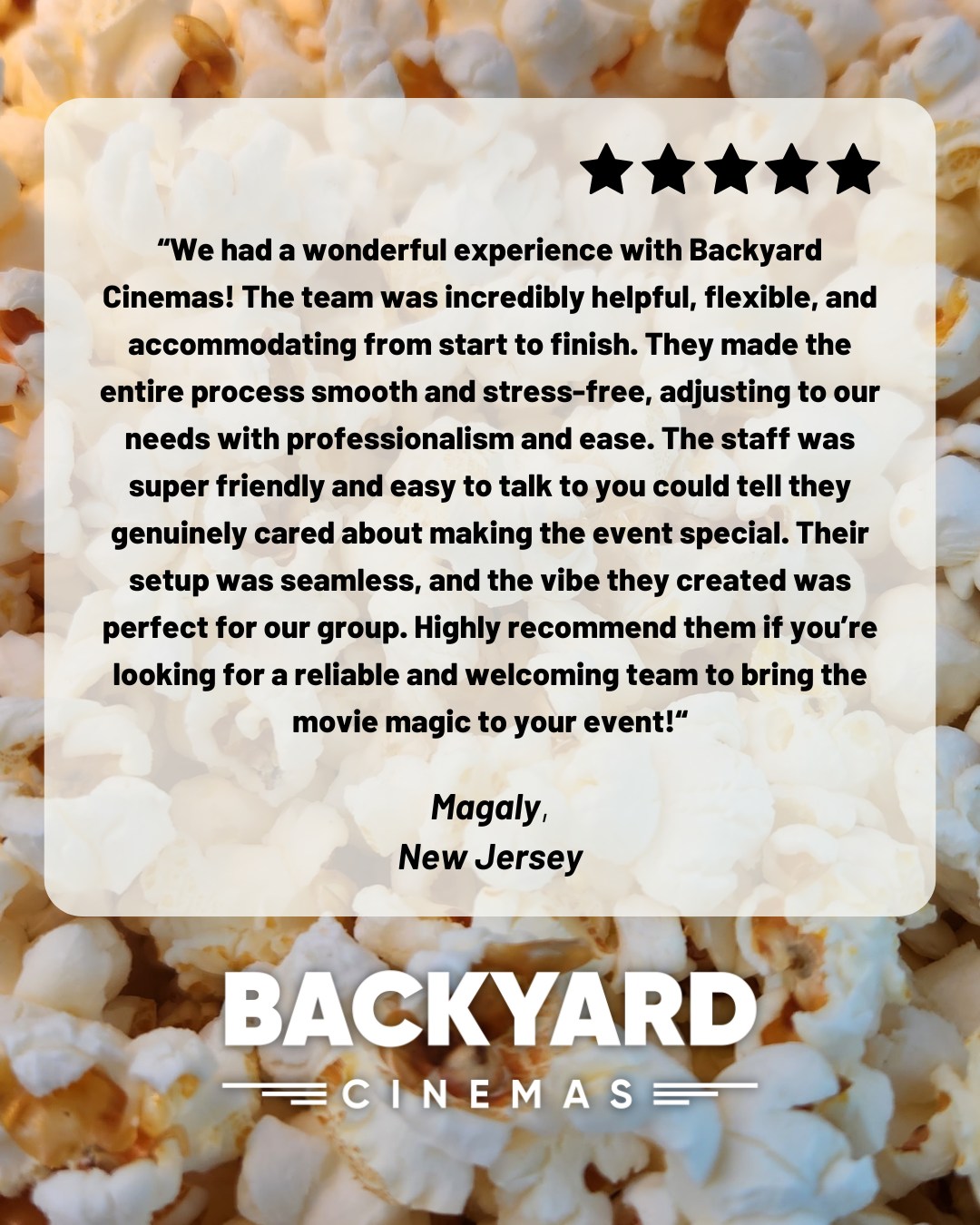 Smooth setups & stress-free nights 🎬✨ Our friends raved about how easy and fun it was working with the Backyard Cinemas team. From flexibility to friendly staff, everything came together seamlessly for the perfect vibe.
Big thank you to Magaly for letting us make the night special! Ready for an effortless event of your own? Let’s plan it.
DM us or head to backyardcinemas.co to book!
#BackyardCinemas #EventTestimonial #MovieNightVibes #NJEvents #BookYourEvent