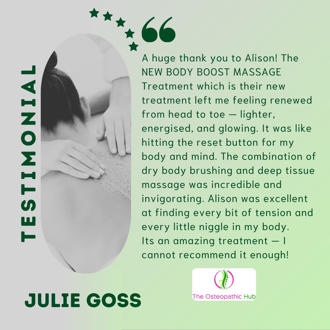 Thank you so much for your kind words, Julie!
We’re absolutely delighted to hear that you enjoyed the new Body Boost Massage Treatment and that you left feeling lighter, energised and glowing — just as we hoped! 🌿
Alison will be so pleased to know she helped ease the tension and make you feel renewed from head to toe. Your feedback truly means a lot to us.
We’d love to welcome you back to The Osteopathic Hub again soon — your next moment of calm and care is always waiting for you here. 💛
Warm wishes,
Ana & The Osteopathic Hub Team
👉Follow us to understand your body better... The Osteopathic Hub for you and your family!
📍 The Osteopathic Hub, 1a The Woolmarket, Cirencester, GL7 2PR
#osteopathic #osteopathy #massage #osteopathicmedicine #SoftTissueTherapy #softtissuemassage #osteopathyworks #osteopathcotswolds #cirencester #cotswolds #cotswoldstyle #neckpain #healthcare #testemonials