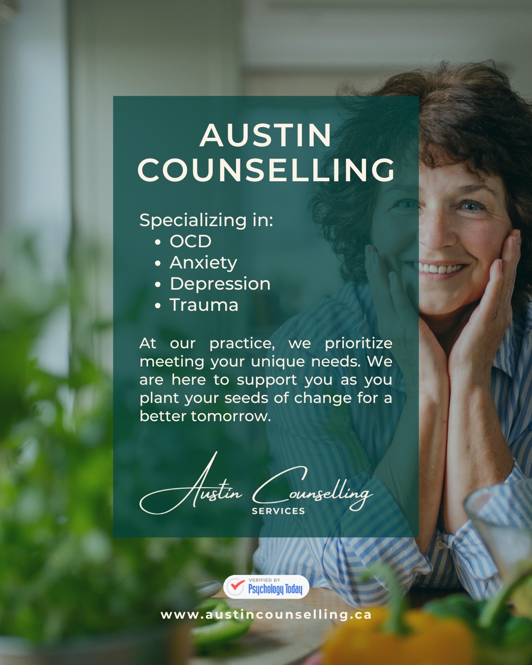 You aren’t alone. At Austin Counselling, we specialize in helping people navigate:
✔️ OCD
✔️ Anxiety
✔️ Depression
✔️ Trauma
We believe your journey is unique, and your counselling should be too. We are here to support you as you plant your seeds of change for a better tomorrow.
📞 Call us at (403) 606-4809
📧 Email: info@austincounselling.ca
Let’s take that next step together.
💚 https://www.austincounselling.ca/