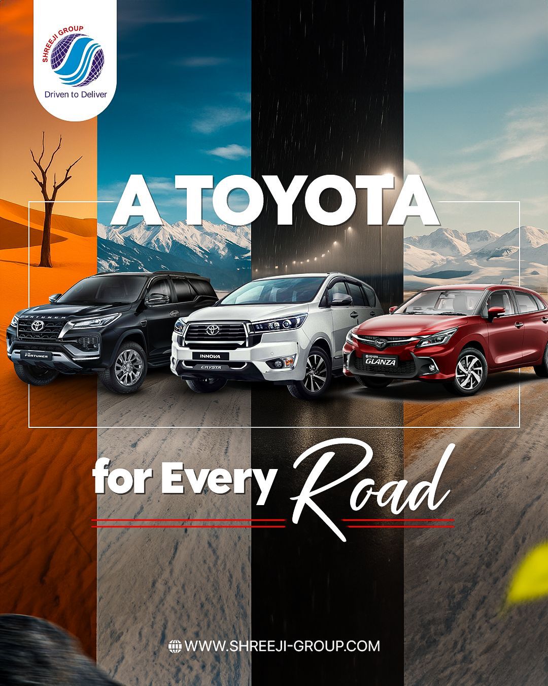 From city drives to mountain roads and desert tracks, Toyota delivers comfort, power, and trust in every journey. Shreeji Group brings you cars designed to match your lifestyle and every travel need.
- - - - -
Website: www.shreeji-group.com
Mobile: +91 9719912323.
Email: marketing@shreeji-group.com
- - - - -
#ToyotaIndia #ShreejiGroup #DriveWithToyota #SmartMobility #EveryRoad