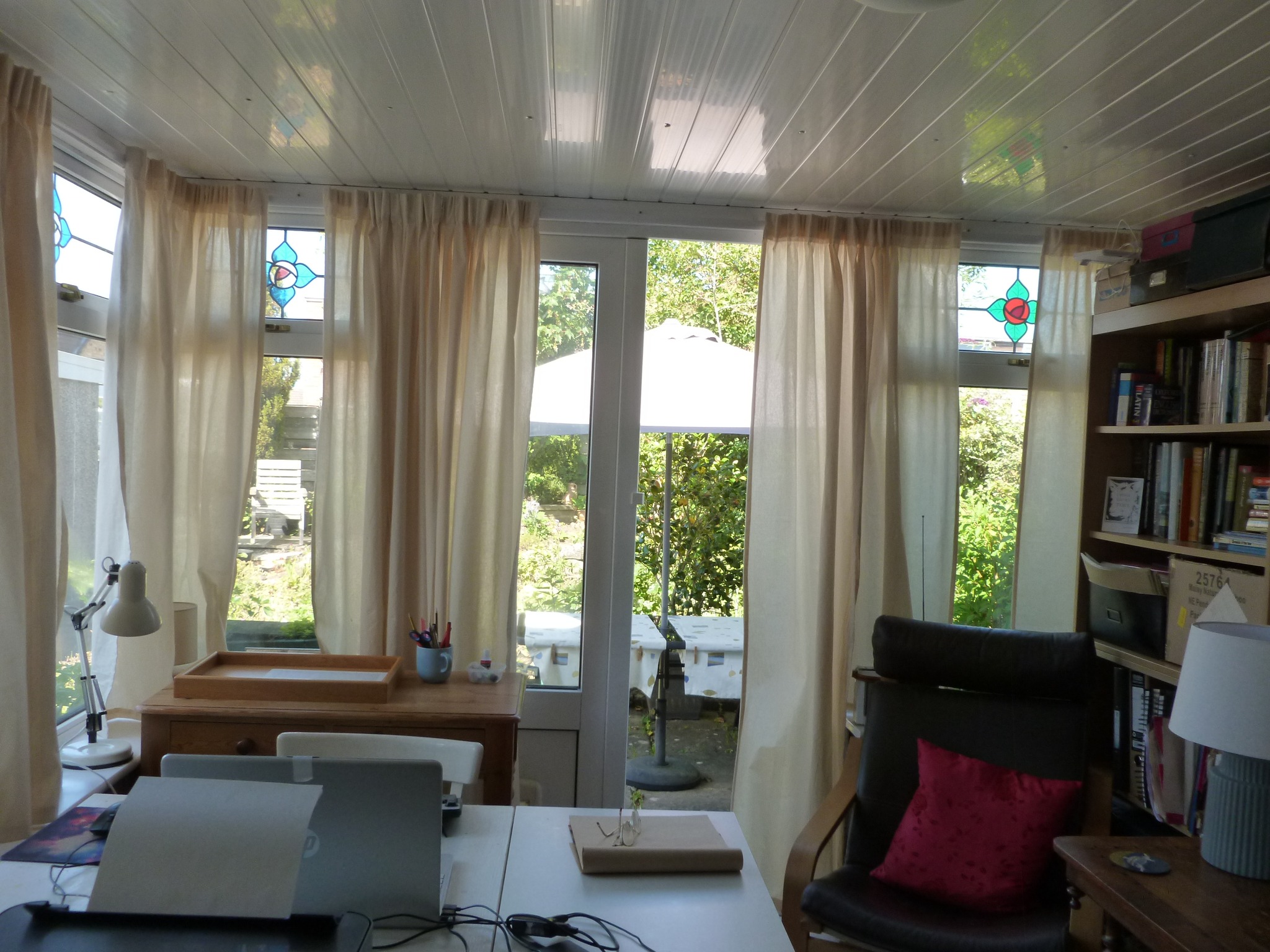 Where I work. So comfortable since we put in a suspended ceiling. Much cooler in hot weather, and should be warmer come winter. Hope so. I have book three to write!