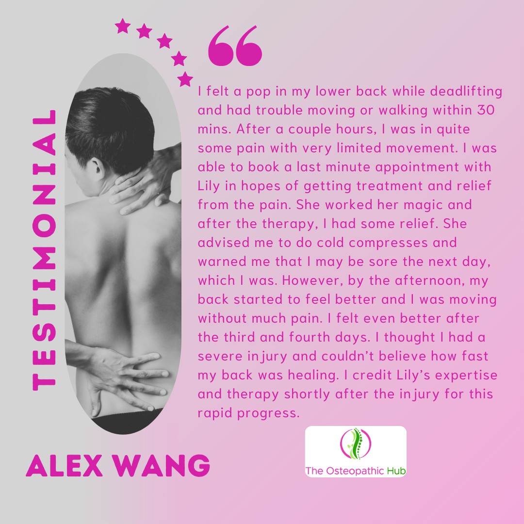 Thank you so much for sharing your experience – we're so pleased to hear that you felt supported and noticed real improvement shortly after your session with Lily.
Back injuries like this can feel quite alarming, and seeking treatment early truly makes a difference in your recovery. Lily has a wonderfully clinical eye, and it's so rewarding to know her care helped ease your pain and support your healing.
As you continue to recover, we recommend listening to your body over the coming days — keep movements gentle, avoid heavy lifting until you're fully healed, and consider a follow-up session to help restore balance and prevent further strain.
We're always here if you need us. Wishing you continued and lasting recovery!
Warm regards,
The Osteopathic Hub Team
👉Follow us to understand your body better... The Osteopathic Hub for you and your family!
📍 The Osteopathic Hub, 1a The Woolmarket, Cirencester, GL7 2PR
#osteopathic #osteopathy #massage #osteopathicmedicine #SoftTissueTherapy #softtissuemassage #osteopathyworks #osteopathcotswolds #cirencester #cotswolds #cotswoldstyle #neckpain #healthcare #testemonials