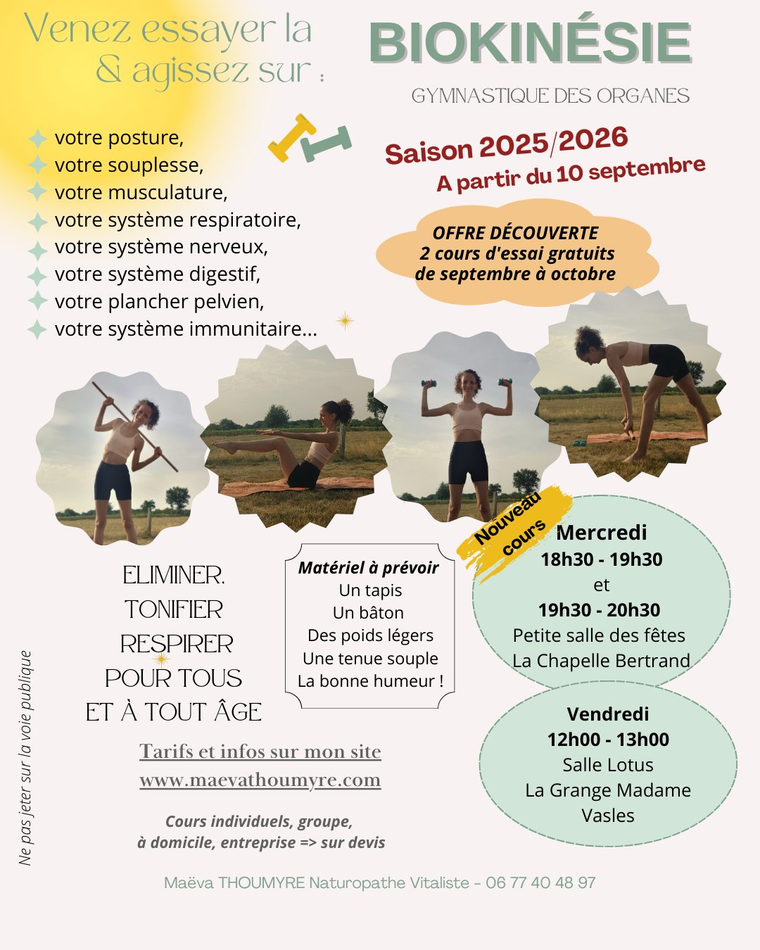 Bientôt la rentrée et vous cherchez une activité adaptée, et entièrement physiologique ? Venez tester la Biokinésie !
➡Éliminer : nettoyer les organes émonctoires (foie/intestins-reins-peau-poumons) par auto-massage et provoquer une détoxination du corps
➡Respirer : oxygéner le corps en conscience pour relâcher les tensions (nerveuses, digestives) & gagner en capacité pulmonaire
➡Tonifier : se muscler en profondeur, assurer une bonne posture et un maintient du plancher pelvien, gagner en souplesse le tout sans douleurs et en respectant la physiologie du corps
La Biokinésie est adaptée à tous, et vous permettra de renforcer vos muscles profonds, de gagner en souplesse et d'améliorer votre posture. Bref une activité à part entière qui reconnecte le corps et l'esprit.
Je vous invite à venir tester sur septembre et octobre et apprécier les bienfaits de cette pratique méconnue.
Alors à vos tapis, bâtons et haltères je vous attends nombreux et nombreuses !
#sportphysiologique #gymdesorganes #yogaoccidental #biokinesie #naturopathie #artdevivre #techniquesnaturo #mieuxetre #santenaturelle #changezvoshabitudes #soindesoi #naturopathieauquotidien #respiration #nutrition #alimentationsaineetequilibré #alimentationsante #conseilssante #consultationnaturopathie #maevathoumyrenaturopathie #naturo #naturopathedeuxsevres #vasles #parthenay #deuxsevres