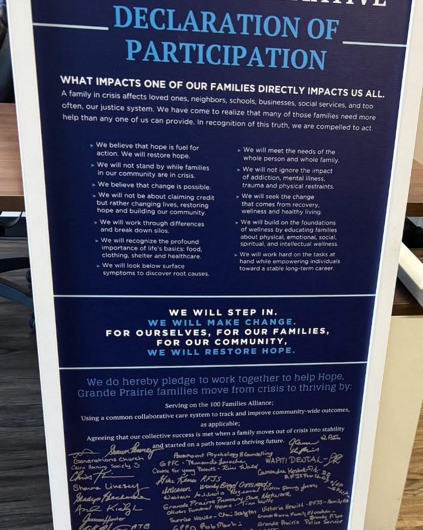 On August 14th, EaglesPath Healing Society was grateful to join community leaders, service organizations, and businesses for the Hope Hub Launch in Grande Prairie.
Director, Shauna Livesey, was honoured to be welcomed as a speaker at this meaningful event, sharing the importance of connection, culture, and healing in building strong families.
Together, we signed the 100 Families Declaration, committing to walk alongside families with care, compassion, and community spirit.